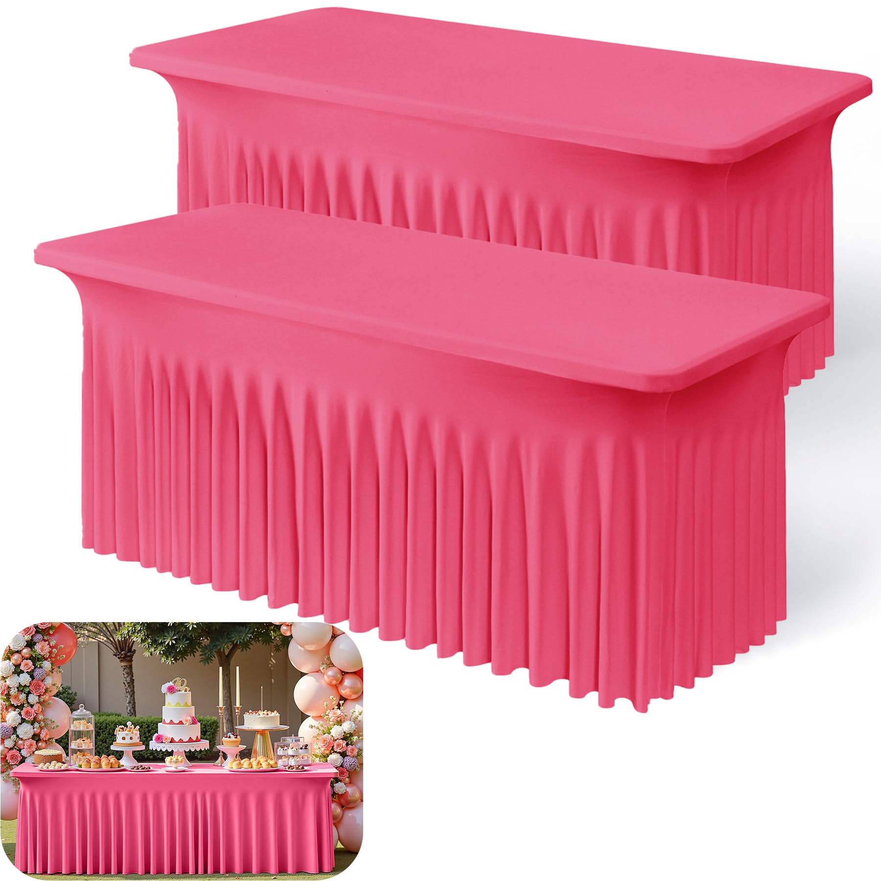 2pk Hot Pink Spandex Tablecloths 6ft for Rectangle Tables, Wrinkle Free Classy Table Skirt Stretchy Fitted Table Cloths Covers 6 Foot for Weddings