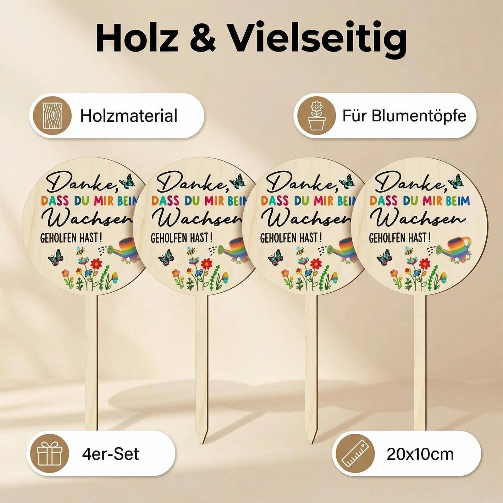 Abschiedsgeschenk Erzieherin Geschenk,4 Stücke Holz Blumenstecker Erzieher Abschiedsgeschenk,Holzstecker Blumentopf Holzschild Danke Dass Du Mir Beim Wachsen Geholfen Hast Danke Geschenke (Gelb)