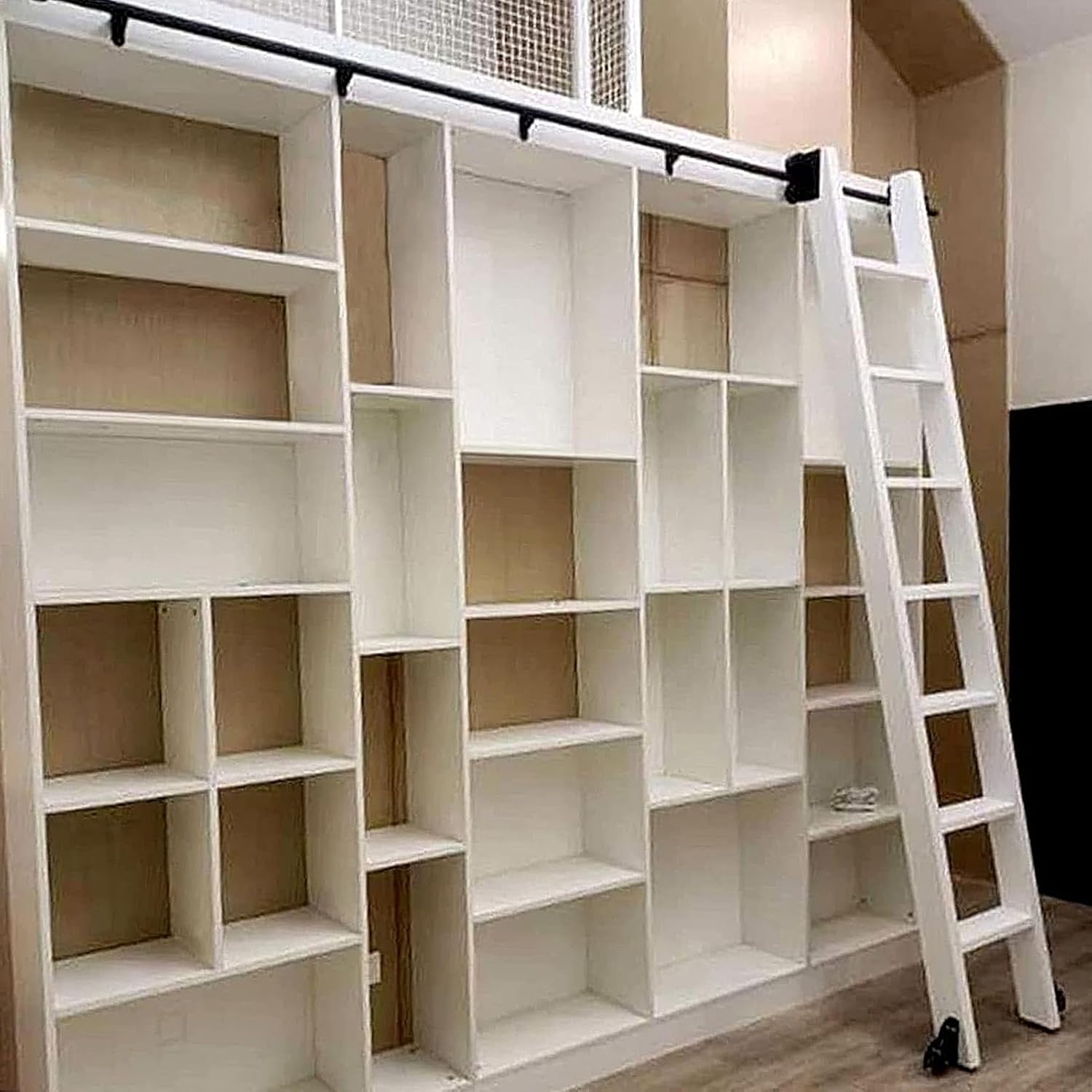 Rolling Sliding Ladder Hardware Kit, 3.3-24FT Black Round Tube Mobile Library Ladder Track/Rail System Floor Rollers, Rolling Ladder Track Rail for Loft Office(No Ladder)(12ft/366cm Track kit)