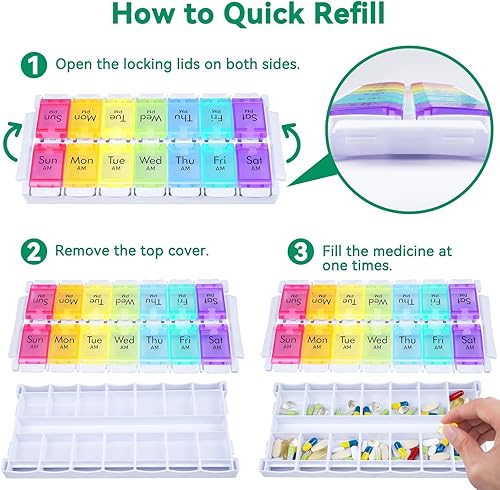 Miniatura 4 de MERICARGO Organizador semanal de pastillas 2 veces al día, pastillero grande fácil de llenar 7 días, organizador de medicamentos Am Pm, pastillero