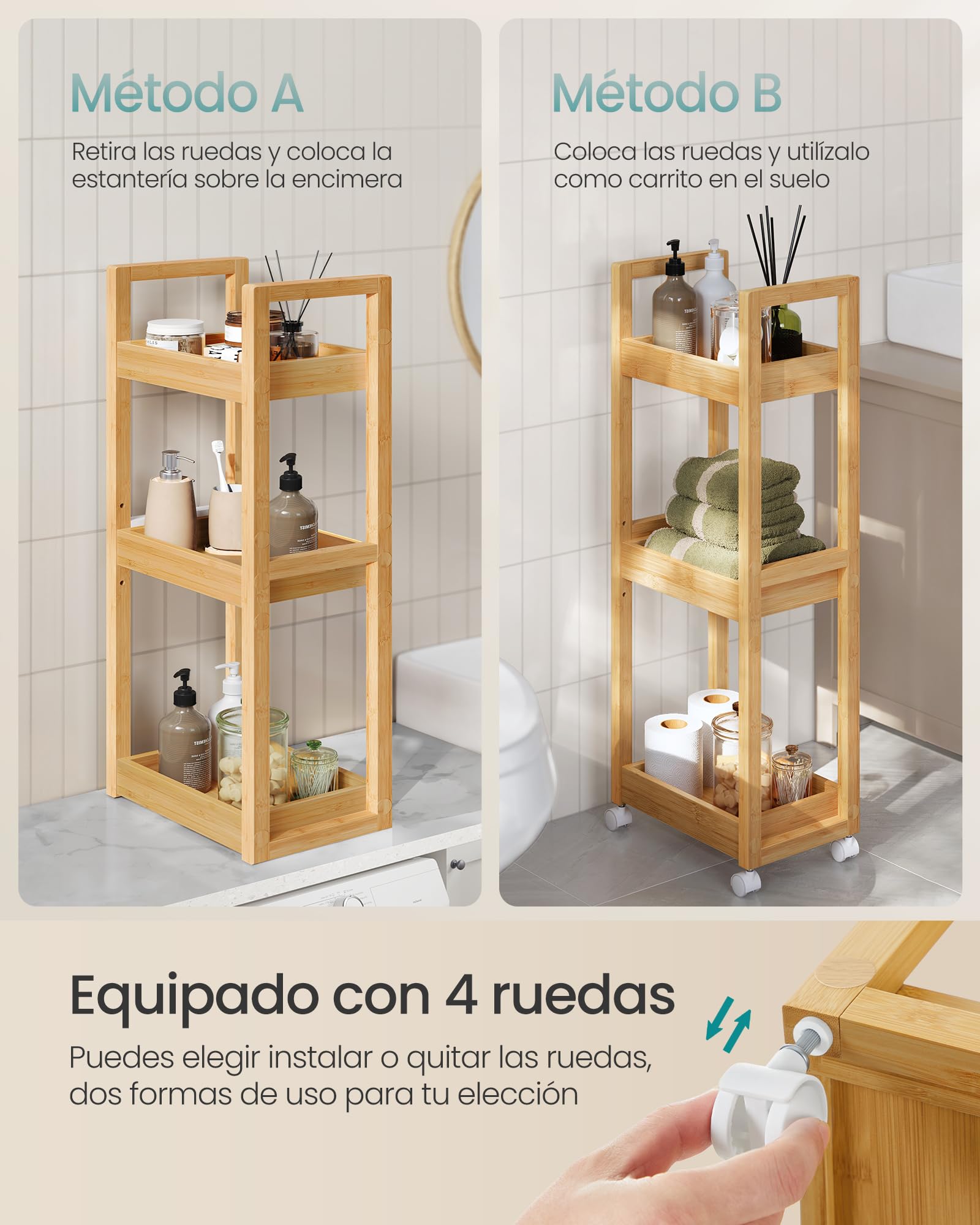 SONGMICS Carrito de Baño 3 Niveles Bambú Estrecho con Ruedas 20x30x80 cm Beige Natural