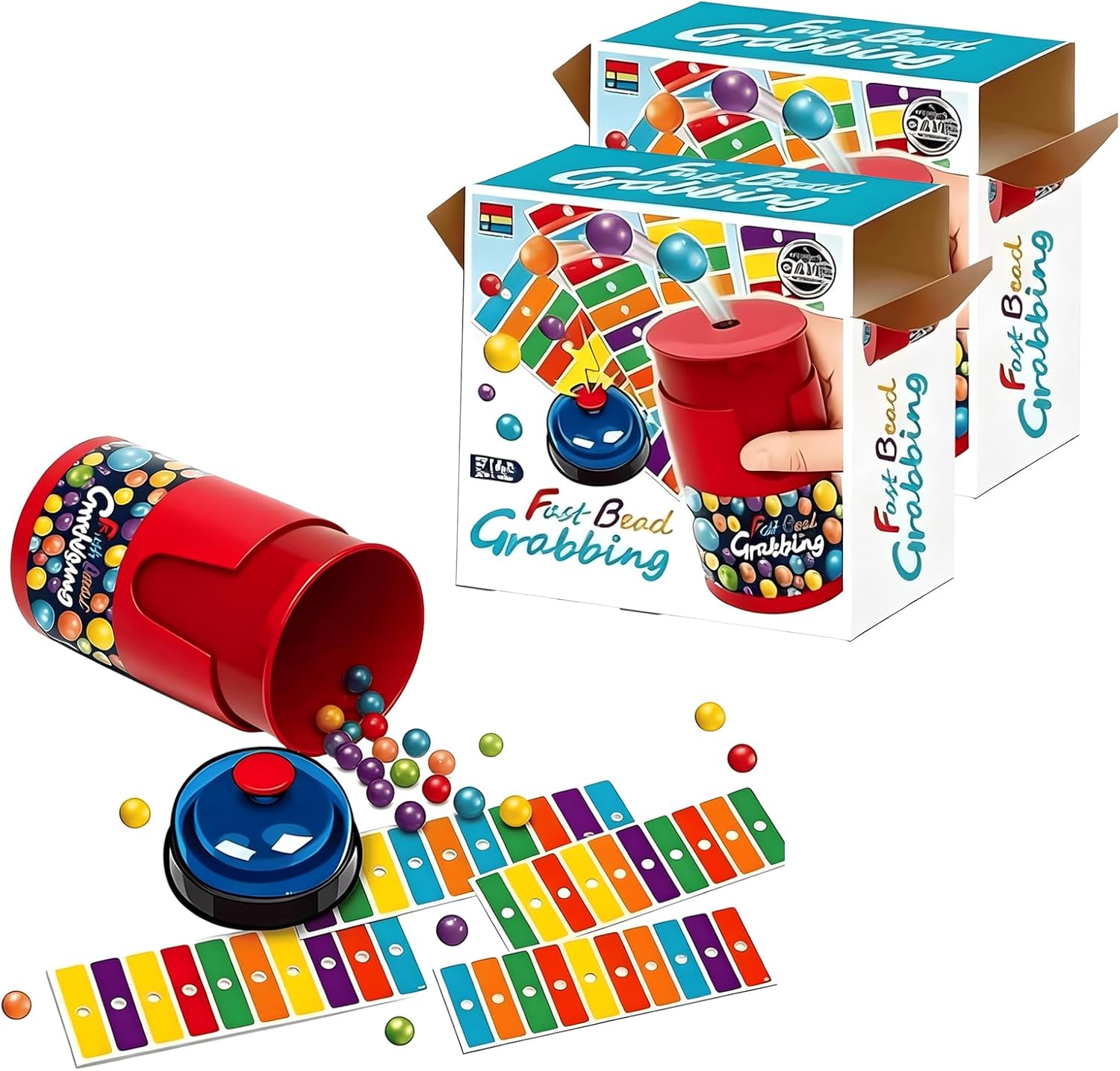 Fast Bead Grabbing Match Color Bingo Game, Grabbing Gamea, 90 Beads & 6 Code Cards, 1 Bell & Bead Can for Group Party and Family 2-4 Players (Set of 2)
