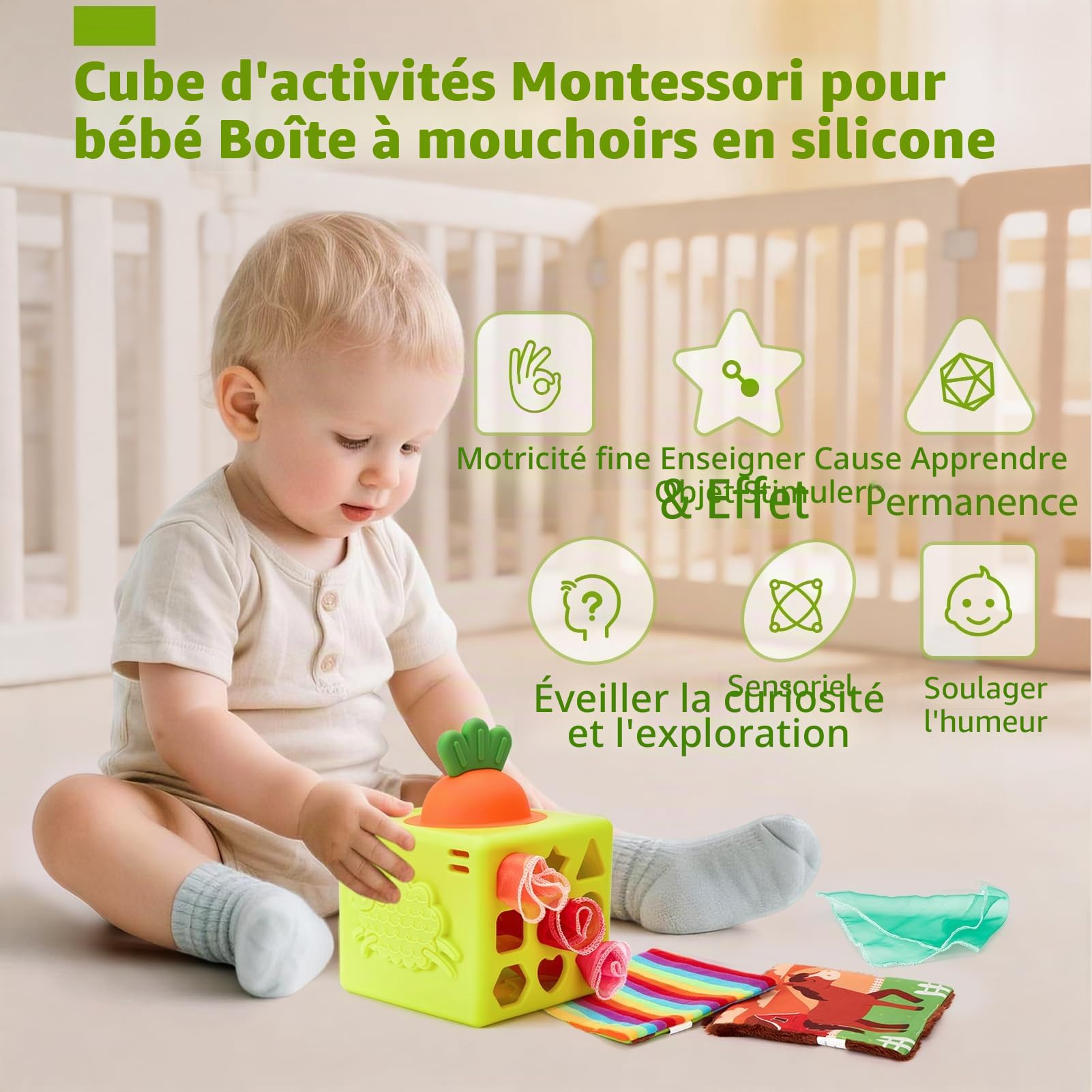 hahaland Jouet Montessori Bebe 6-12 Mois – Boite Mouchoir Bebe – Jouet sensoriel 6 en 1 avec lingettes, Miroir, Anneau de Dentition, Cadeau bébé Fille Garcon 1 an