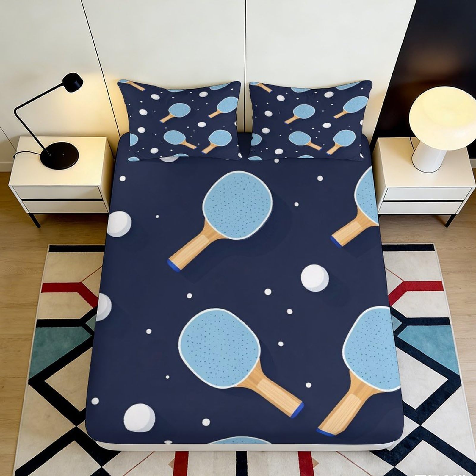 3D Printed Table Tennis Pattern Fitted Sheet Microfiber Soft Navy Blue Ping Pong Bed Cover for Bedroom Dorm Decor 90x200x25cm