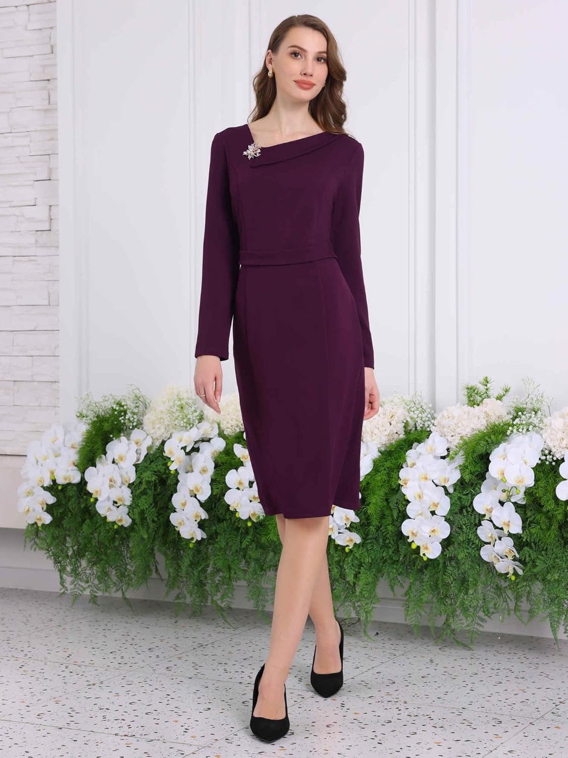 Women's Elegant Sheath Dress Asymmetrical Neckline Wear to Work Pencil Dresses - Image 2