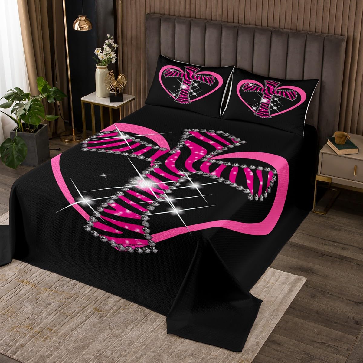 Homemissing Kids Zebra Print Quilted Coverlet Single Size, Glitter Cross Coverlet Set for Boys Girls Cute Heart Pattern Bedspread Y2K Quilted Bedroom Decor 2Pcs