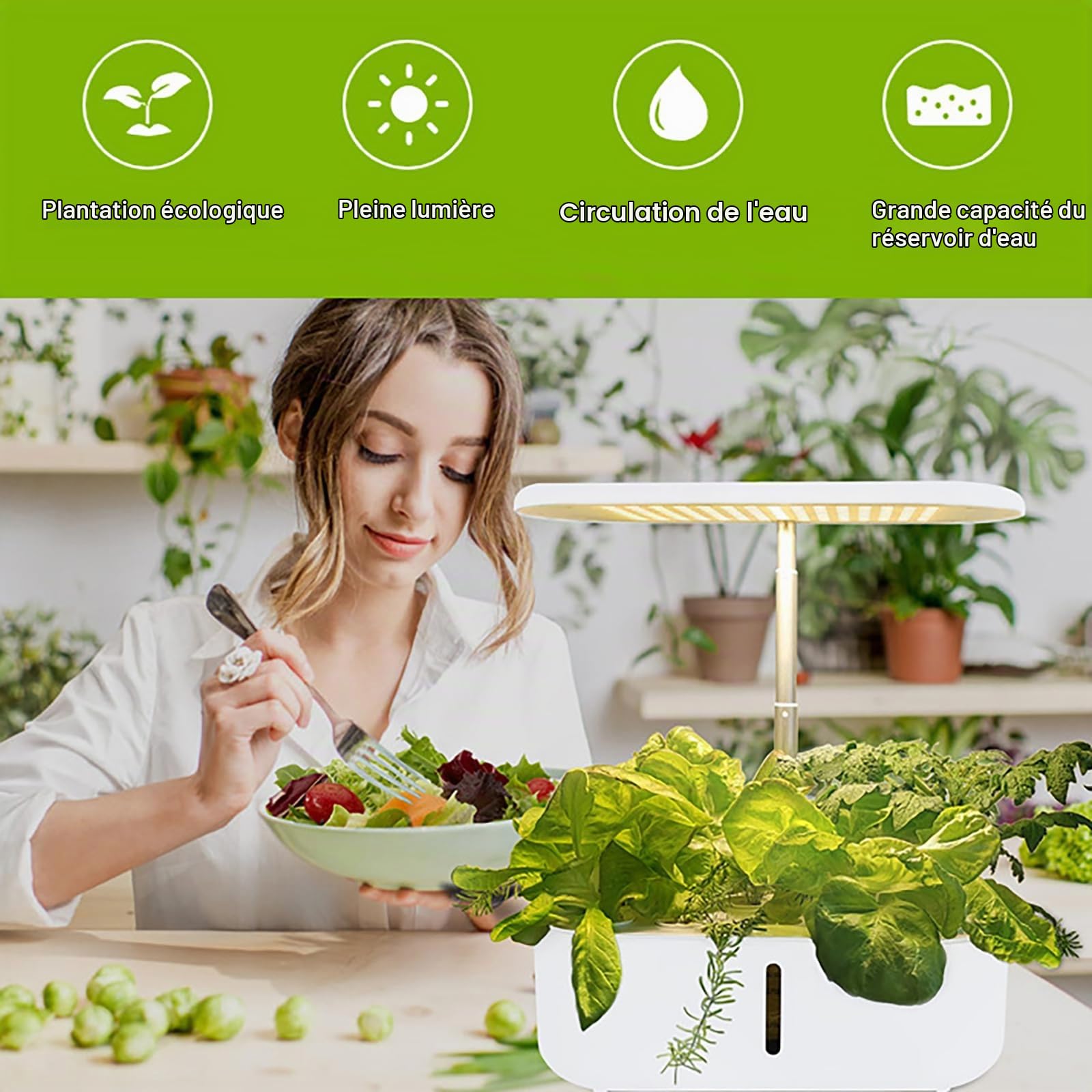 Jardin D'Plant Hydroponique, Lampe LED pour Plantes,10 Pods, Kit De Germination pour Jardin D'Herbes Aromatiques, SystèMe De Pompe Silencieux, éCran Tactilehauteur RéGlable (Blanc)
