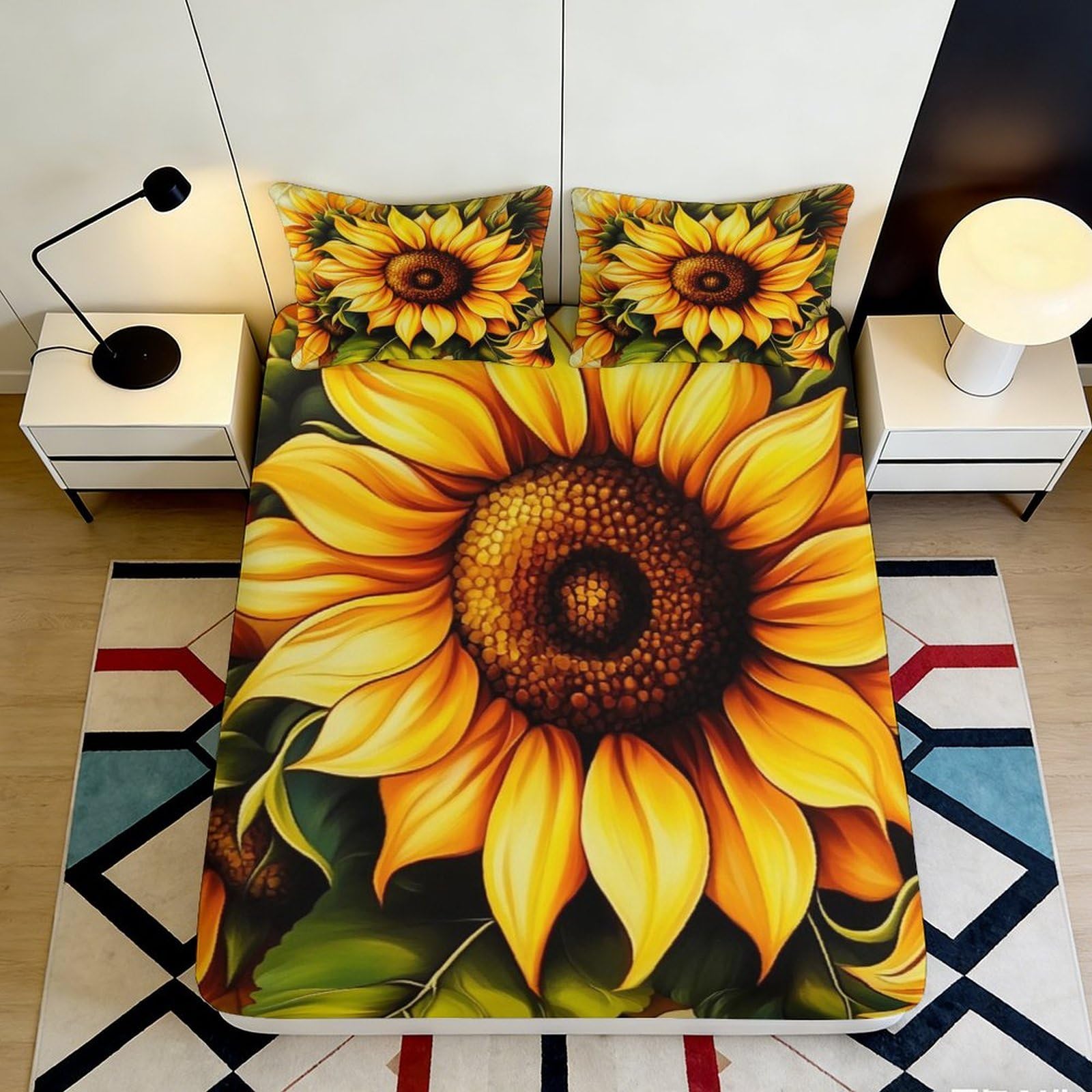 3D Printed Sunflower Fitted Sheet Microfiber Deep Pocket Non-Slip Sunflower Mattress Fitted Cover for Bedroom Adults 90x200x25cm