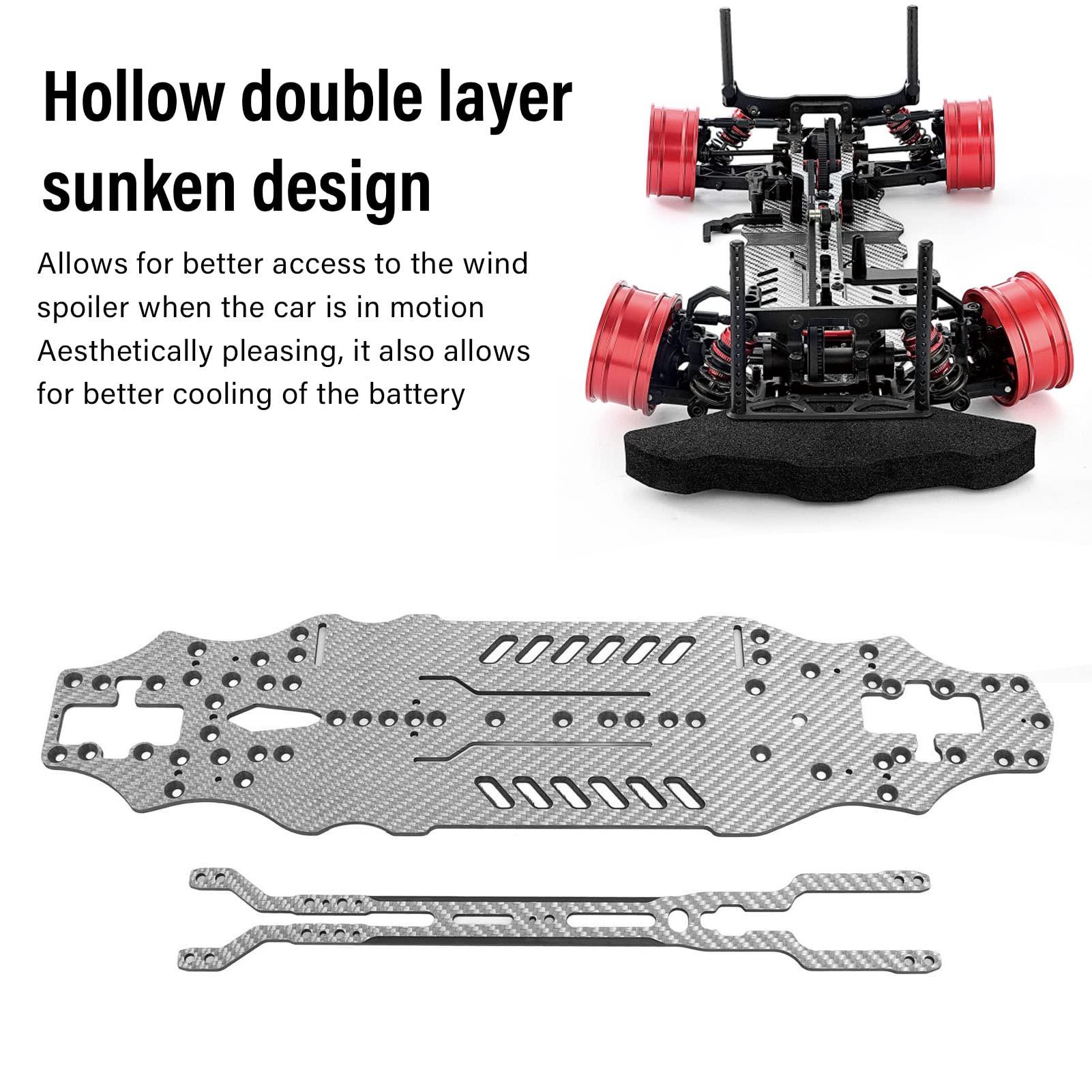 for 1:10 RC Car Chassis, 3K Carbon Fiber Material, CNC Machined, Hollow Design, Lightweight, Flexible, Drift Performance (SSG de plata)
