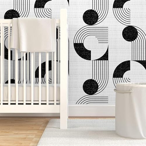 Miniatura 6 de Spoonflower Muestras de papel tapiz para despegar y pegar, cuenco de fideos Bauhaus, escala media, círculos blancos y negros, diseño geométrico