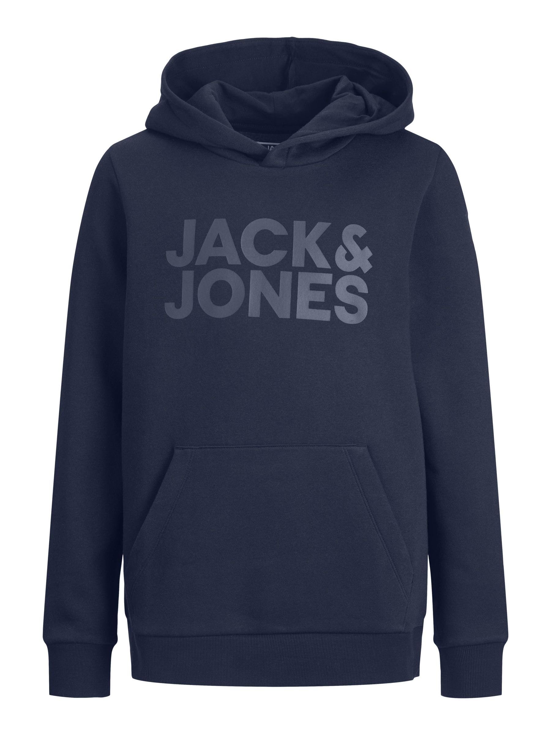 JACK&JONES JUNIOR Boy's JJECORP LOGO SWEAT HOOD NOOS JNR Hooded Sweatshirt, Navy Blazer/Fit:JR/Large Print/W. Navy Blazer,