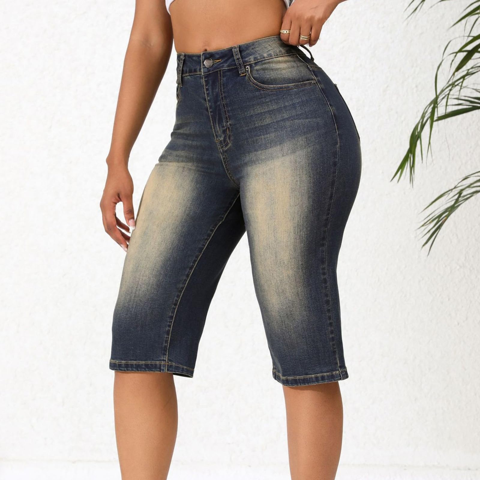 Pantalon 3/4 pour femme - Jambe large - Pantalon en tissu denim léger - Pantalon d'été décontracté - Bermuda court stretch Y2K Streetwear - Pantalon de loisirs avec poches