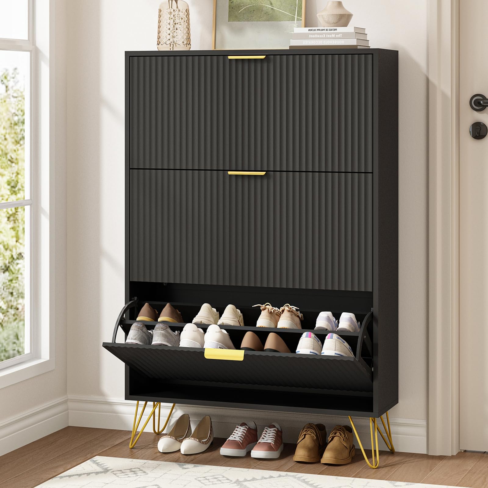 Amazon.com: NOVAMAISON Shoe Cabinet with 3 Flip Drawers Narrow