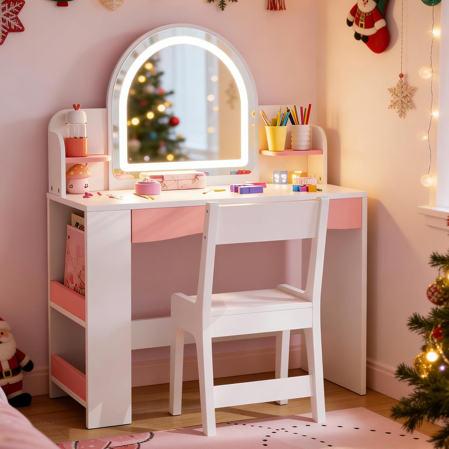 Teckid Kids Vanity Table and Chair Set with Lights, Toddler Vanity Desk for Girls, Princess Makeup Vanity for Kids with Storage Shelves, Open Bookshelf and Stools, White