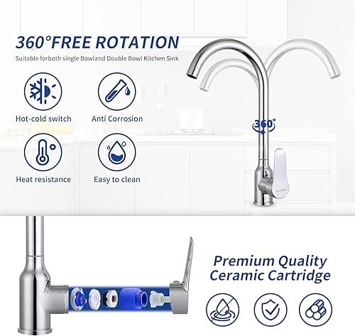 Miniatura 5 de PFAMKEER Grifos de cocina de arco alto de una manija de acero inoxidable cromado, moderno grifo de fregadero de cocina de un solo agujero, grifo