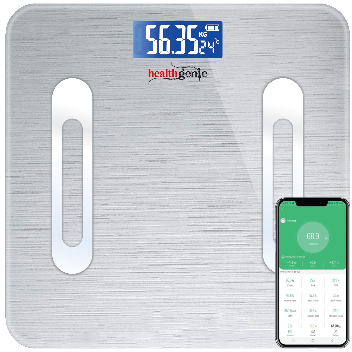 Healthgenie Smart Bmi Weight Machine For Body Weight With 18 Body Parameters Sync With Mobile App, 2 Yrs Warranty Bluetooth Weighing Machine Metallic Shine (Hb-411), 180 kg