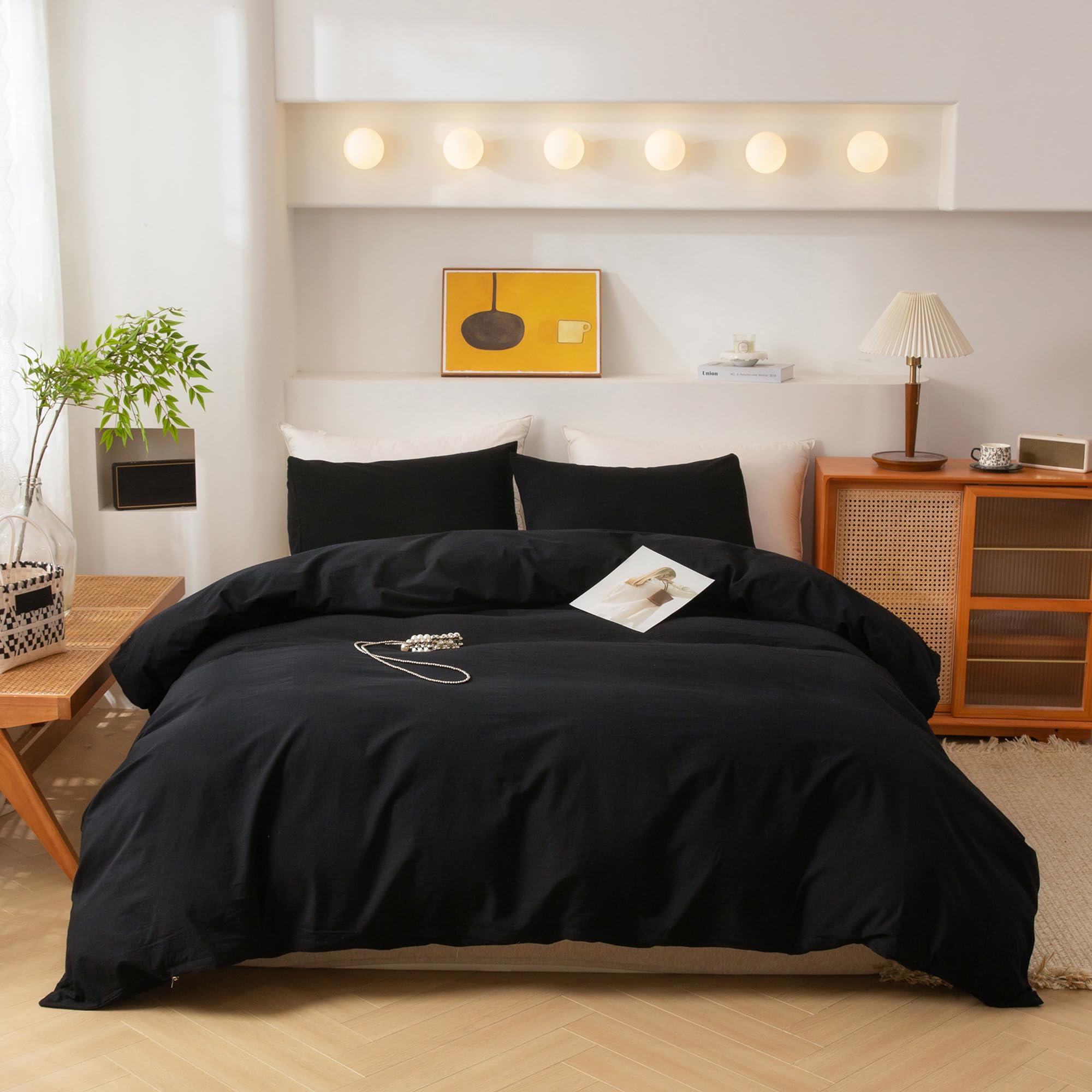 ECOCOTT 3 Pieces Duvet Cover Queen Size 100% Washed Cotton 1 Duvet Cover with Zipper and 2 Pillowcases, Ultra Soft and Easy Care Breathable Cozy Simple Style Bedding Set (Black,Queen)