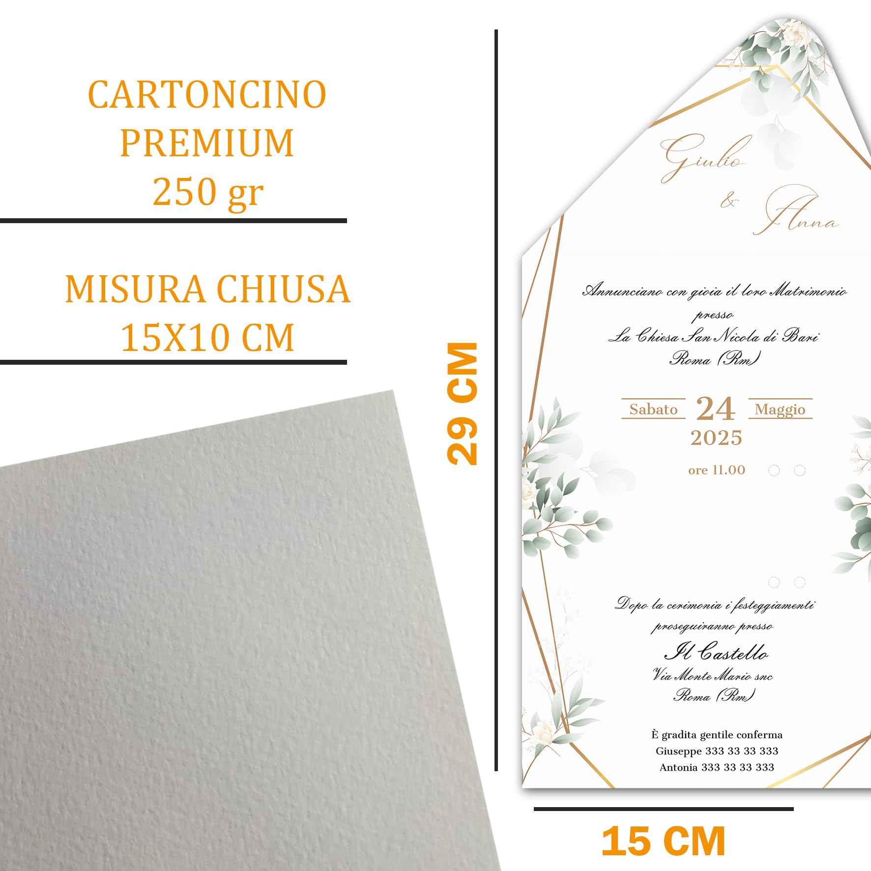 PV Grafik® 15 Partecipazioni Matrimonio Personalizzate, Inviti Matrimonio a Busta, Invito Partecipazione Nozze, Sposi, 15x28 cm Nastrino inclusa, Personalizza invito e scegli la quantità. (M40)