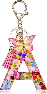 OSDUE Llavero de Letras y Mariposa - Colgante de Borla, Lentejuelas de Amor, Iniciales, Resina - Para Mujeres y Niñas