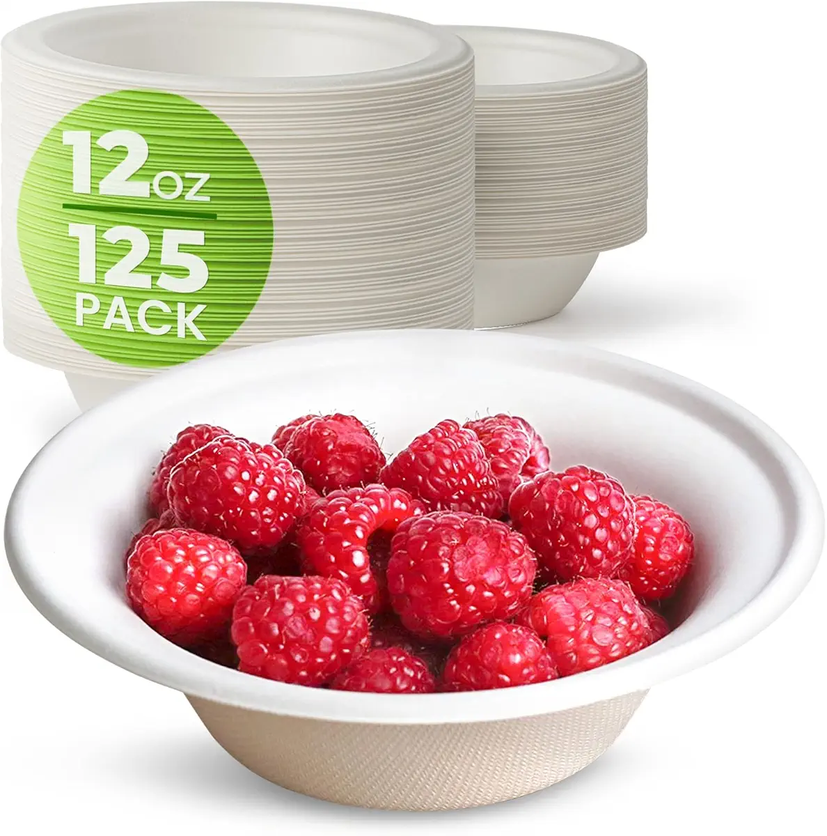 [125 Pack] Compostable Paper Bowls, 12 oz Biodegradable Bowls, Disposable Soup Bowls, Eco-Friendly Sugarcane Serving Bowls for Ice Cream, Dessert, Cereal Salad, Freezer Microwave Safe, White