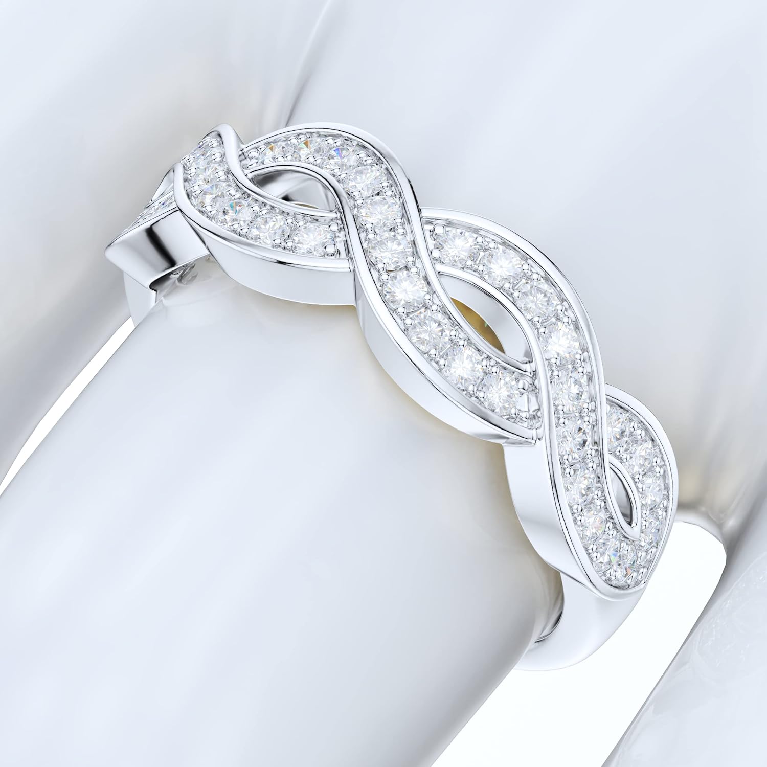 Sterling Silver Fancy Wave Intersecting Infinity Simulated Round Brilliant Cut Diamond or Genuine Moissanite Matching Ring Wedding Band - Image 5