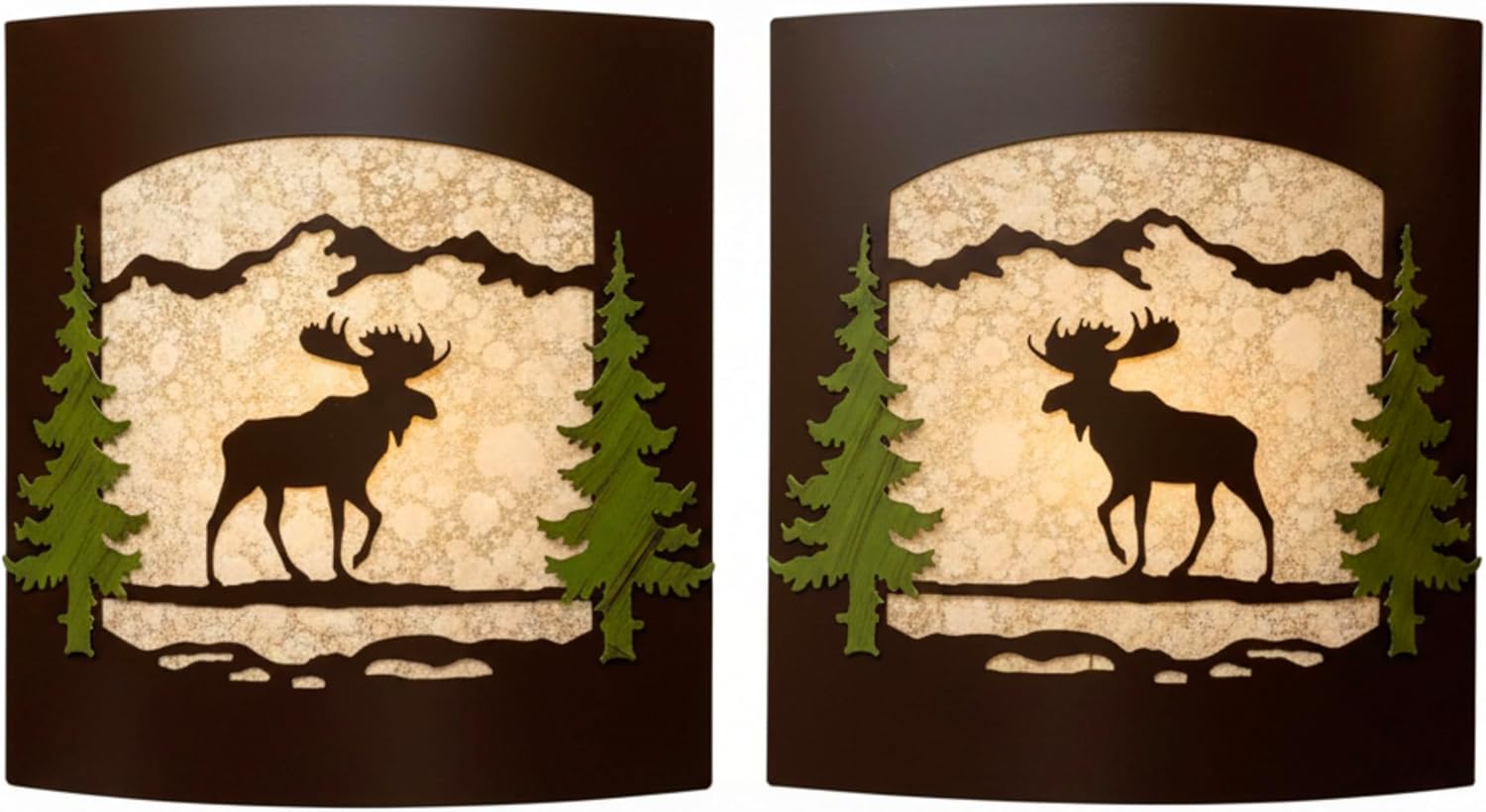 Rustic Moose with Painted Pine Tree Wall Sconce Pair - Frosted Amber Glass & Burnished Bronze Metal Light - Lodge Cabin Decor | Woodland Nature Wall Light Fixture