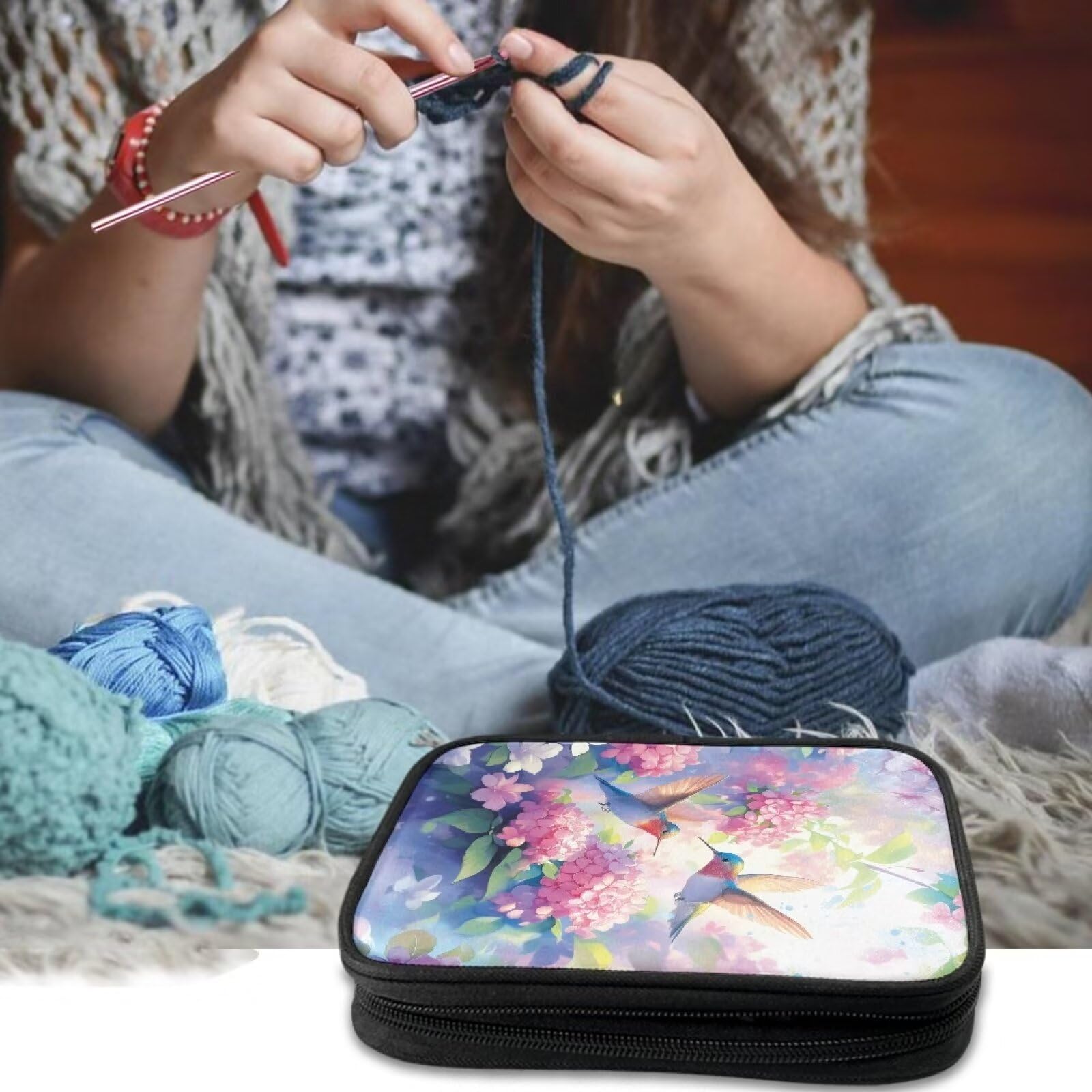 YUVAMAGIMO Hummingbird ochet Hook Case Easy to Hold Crochet Needle Organizer Portable Knitting Needle Organizer with Mesh Pocket for Carrying Sewing Accessory Tools Gift for Mom