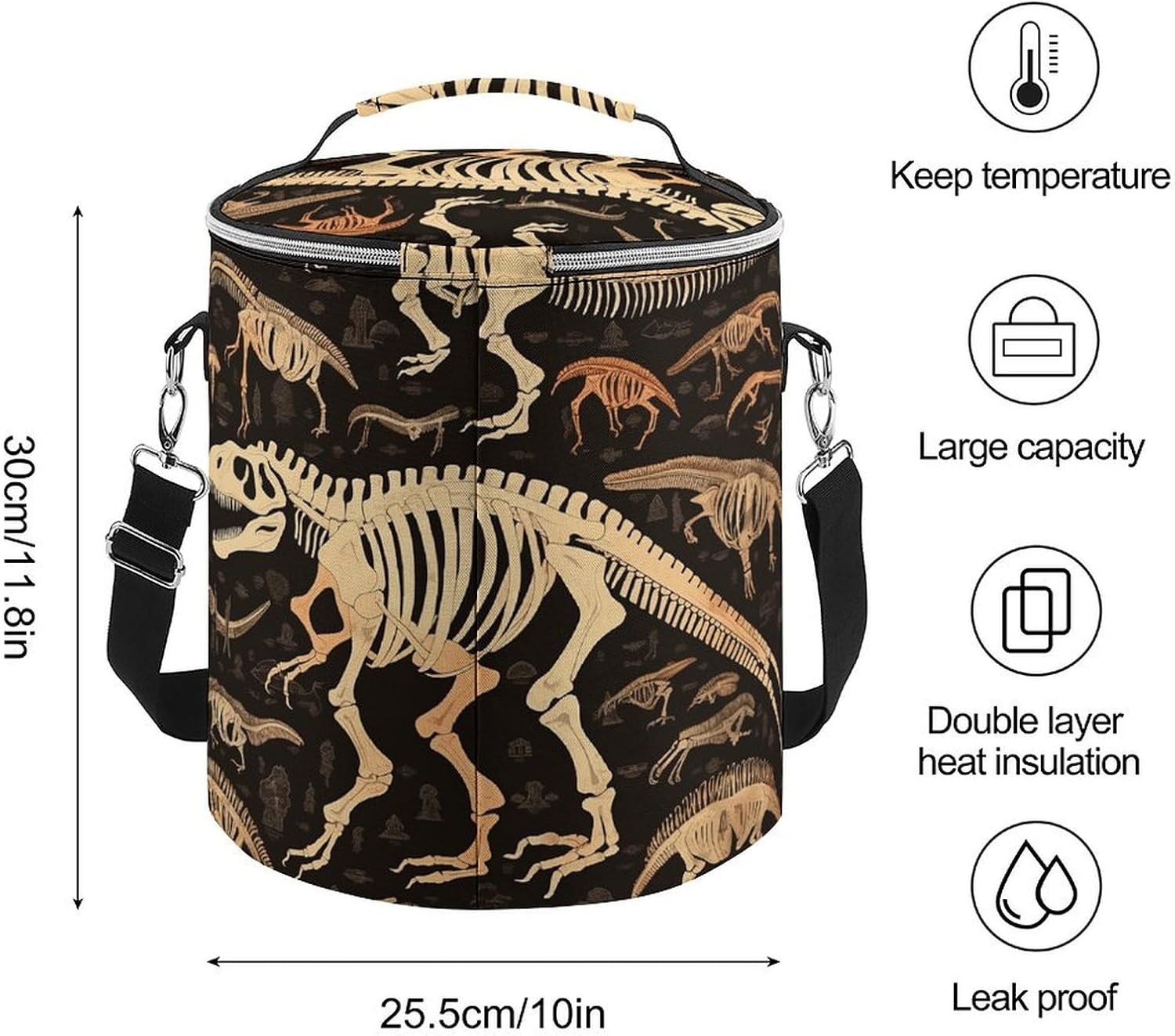 Portable Camping Cooler Pack,Dinosaur Skeleton Print Print Reusable Lunch Pack,Outdoor Round Picnic Bag