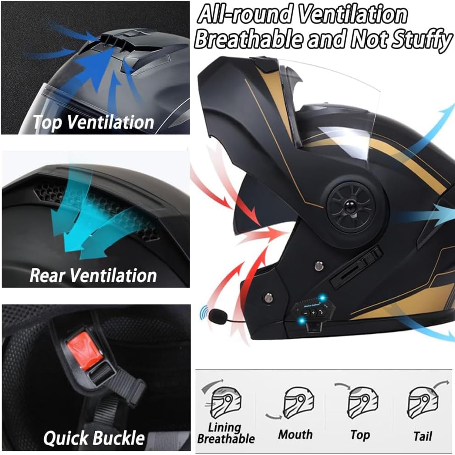 Casco Integrale da Moto, Casco Modulare Pieghevole Bluetooth, Altoparlante Incorporato, Microfono Integrato, Casco con Doppia Visiera, Omologato ECE