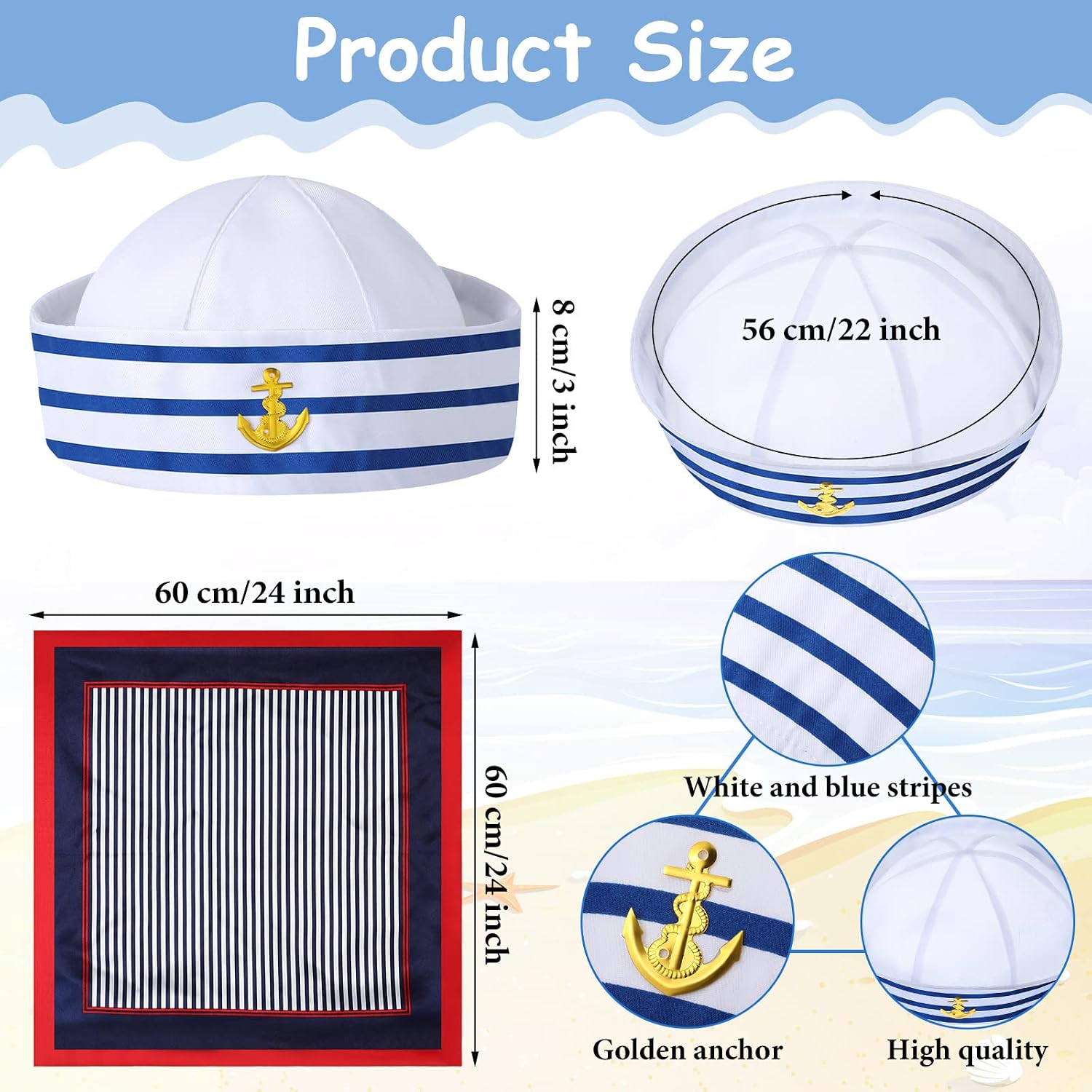 Hercicy 18 Pieces Sailor Costume Accessories Sailor Hat and Scarf Sunglasses Navy Blue with White Nautical Cap Satin Scarf Polarized Sunglasses for Women Men Costume Accessory Dressing up Party