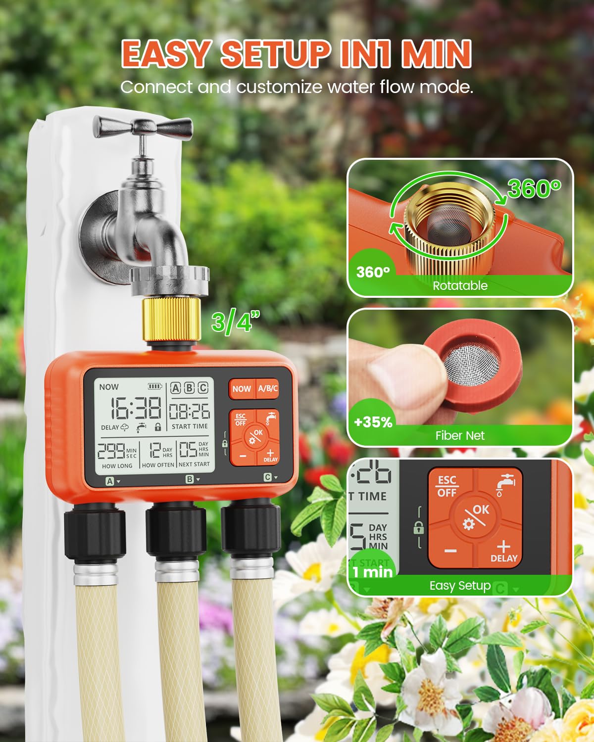 Timer per irrigatore a 3 zone con ingresso in ottone Timer dell'acqua per tubo da giardino Regolatore programmabile del rubinetto del tubo flessibile con controllo della zona indipendente Ritardo