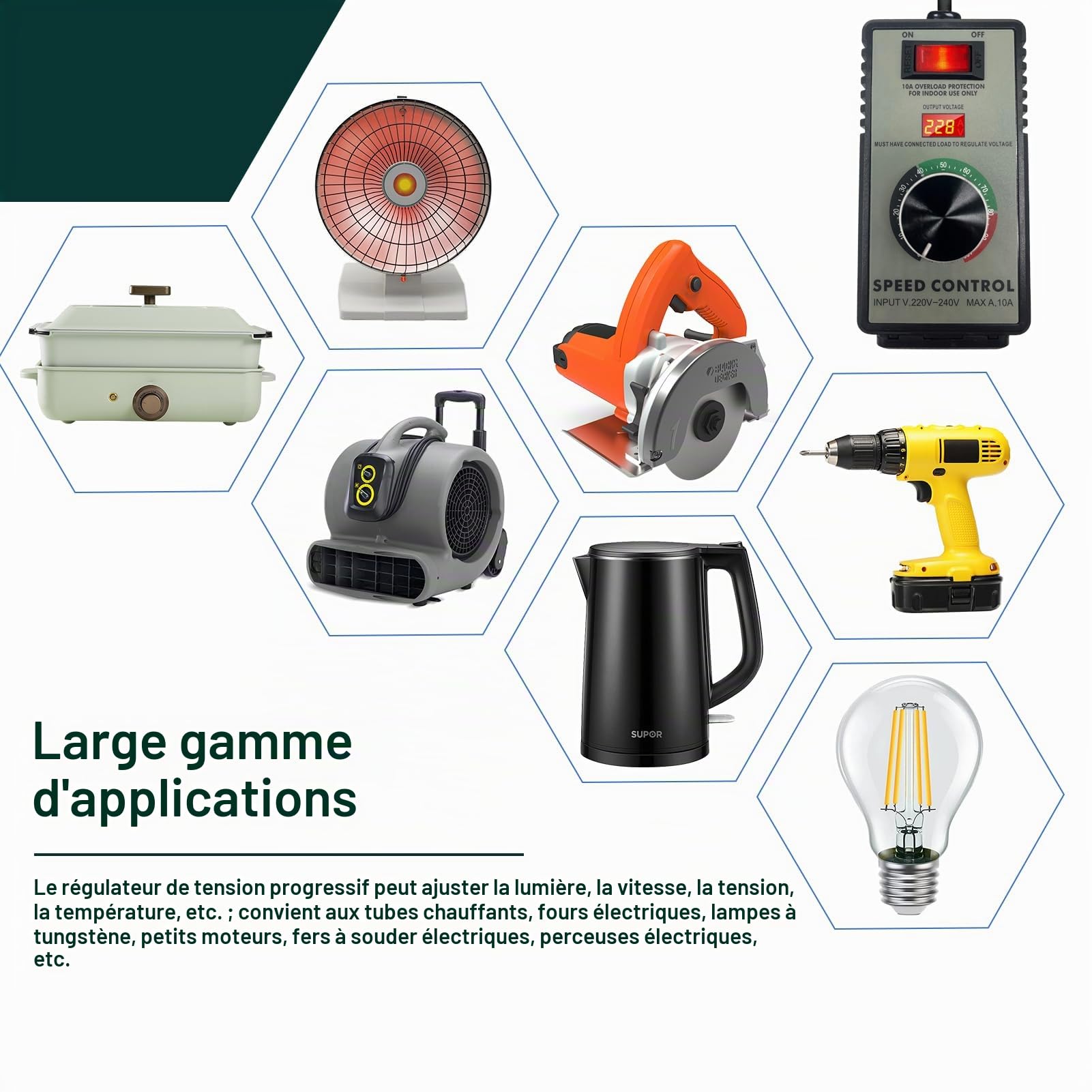 Variateur de Lumiere LED,Prise Variateur,230V Variateur RéGulateur De Tension éLectronique Pour Moteurs éLectriques avec Protection Contre La Surcharge 220V-240V AC