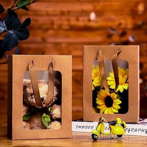 Miniatura 7 de Yexiya 15 bolsas de regalo de papel con ventana transparente, bolsas de papel kraft de 7 x 5 x 10 pulgadas con asas, bolsas transparentes para ramo