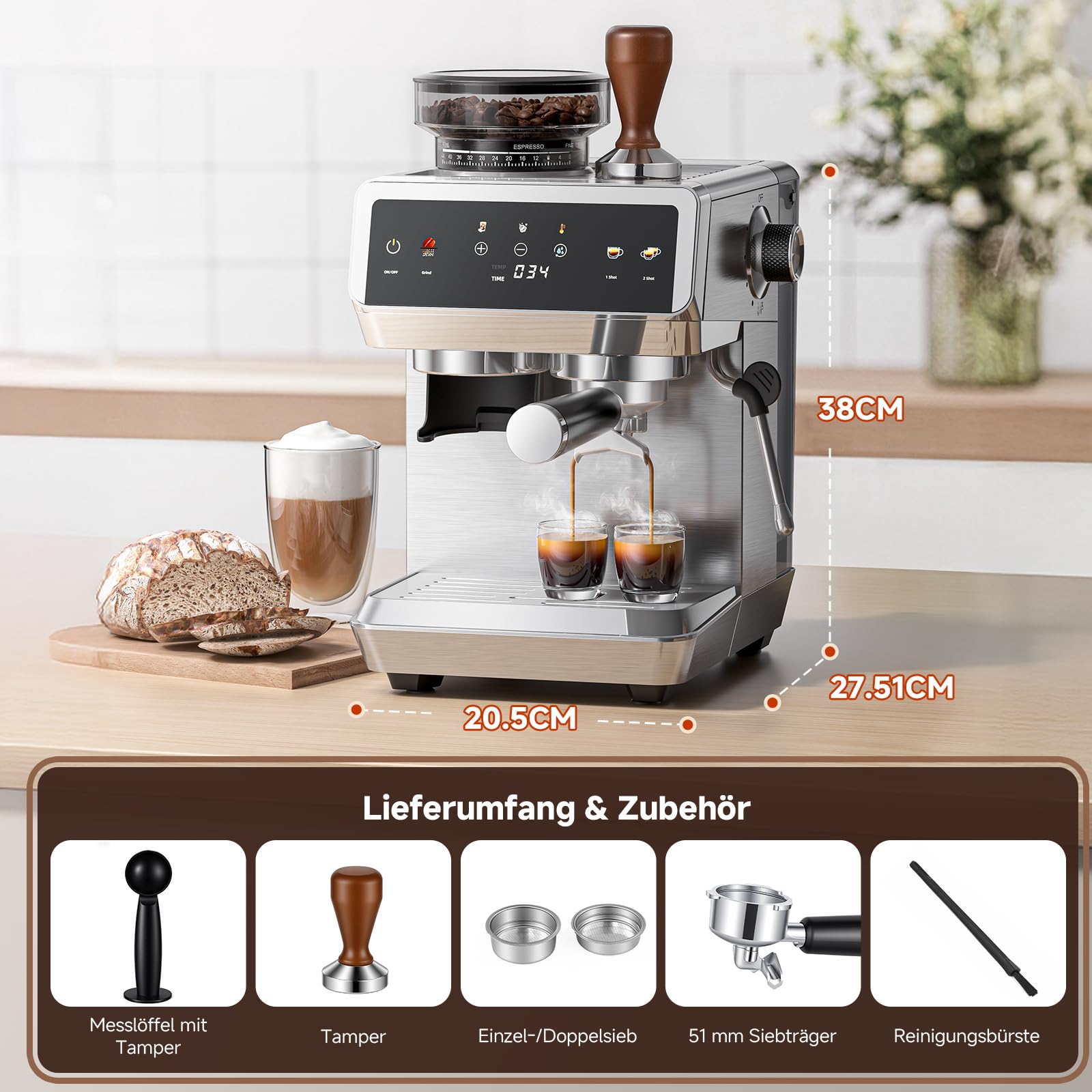 AMZCHEF Siebträgermaschine, 20 Bar Espressomaschine mit mahlwerk, 44 Mahlgrade, 4-Temperaturstufen,Cold Brew, 1,8L Tank,espressomaschine mit Milchaufschäumer, IMD Touch Screen,Edelstahl