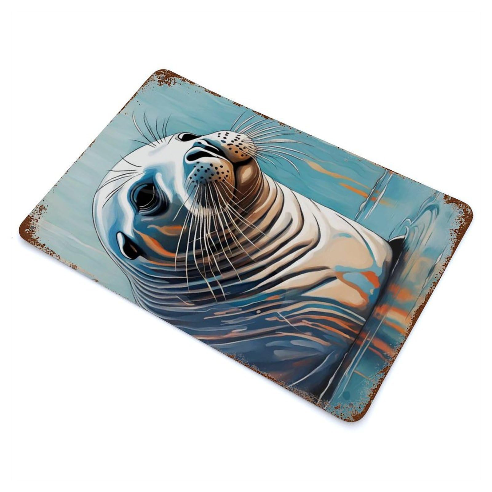 Rust Effect Seal Distressed Metal Wall Sign 11.8"x7.9", Decorative Metal Wall Art for Living Room, Hallway And Home Decor