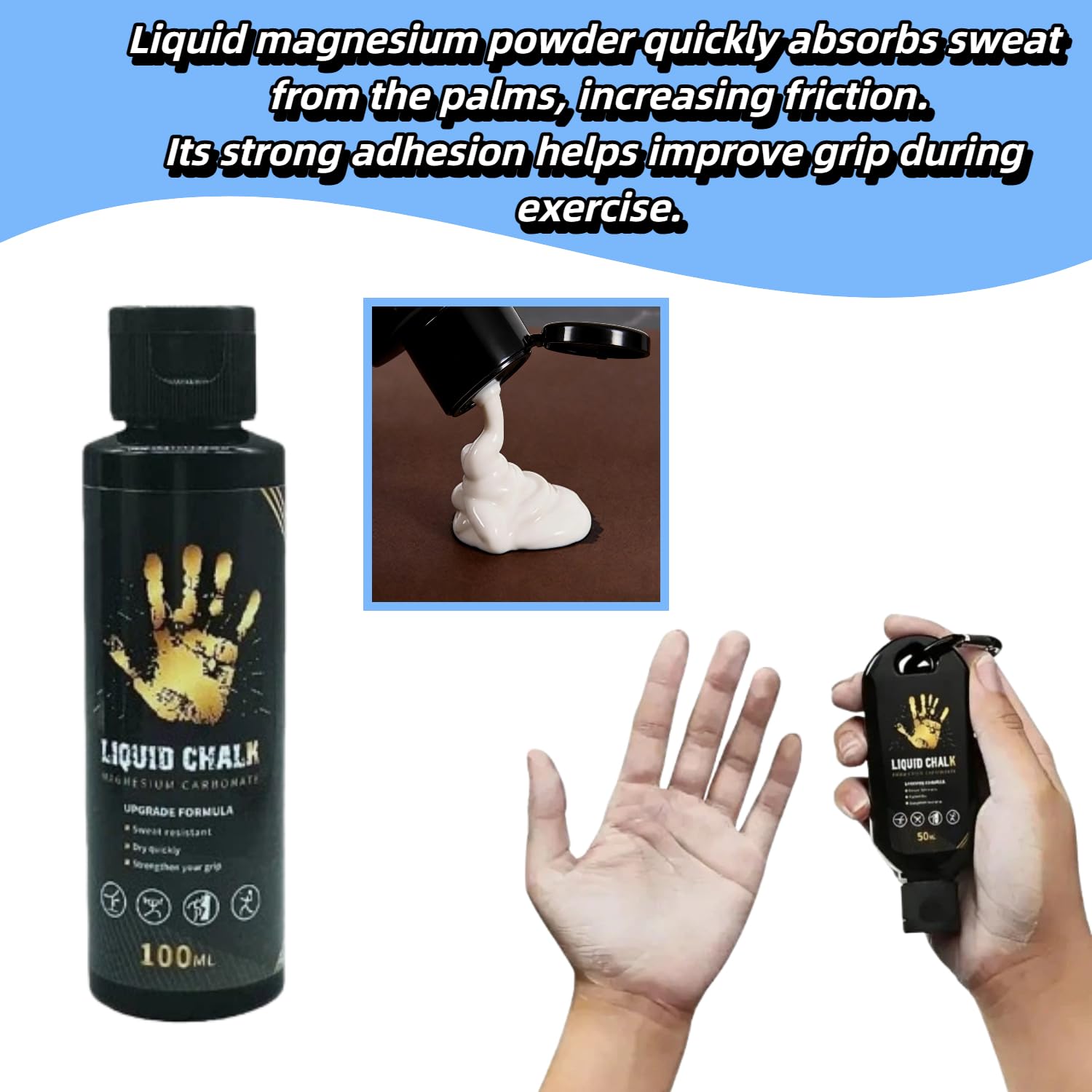 2 Piezas Magnesio Líquido, Liquid Chalk,Tiza Líquida,Apto para Gimnasio, Halterofilia, Pole Dance, Escalada, Gimnasia y Otros Deportes,Mejorar la Fuerza de Agarre,100ml + 50ml