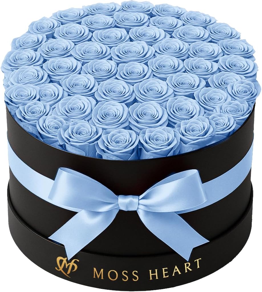 50 Preserved Roses, Forever Flowers for Delivery in Designer Round-Shaped Box, Petite Long-Lasting Buds, for Women, Eternal Rose Bouquet for Mothers Day, Girlfriend's Birthday