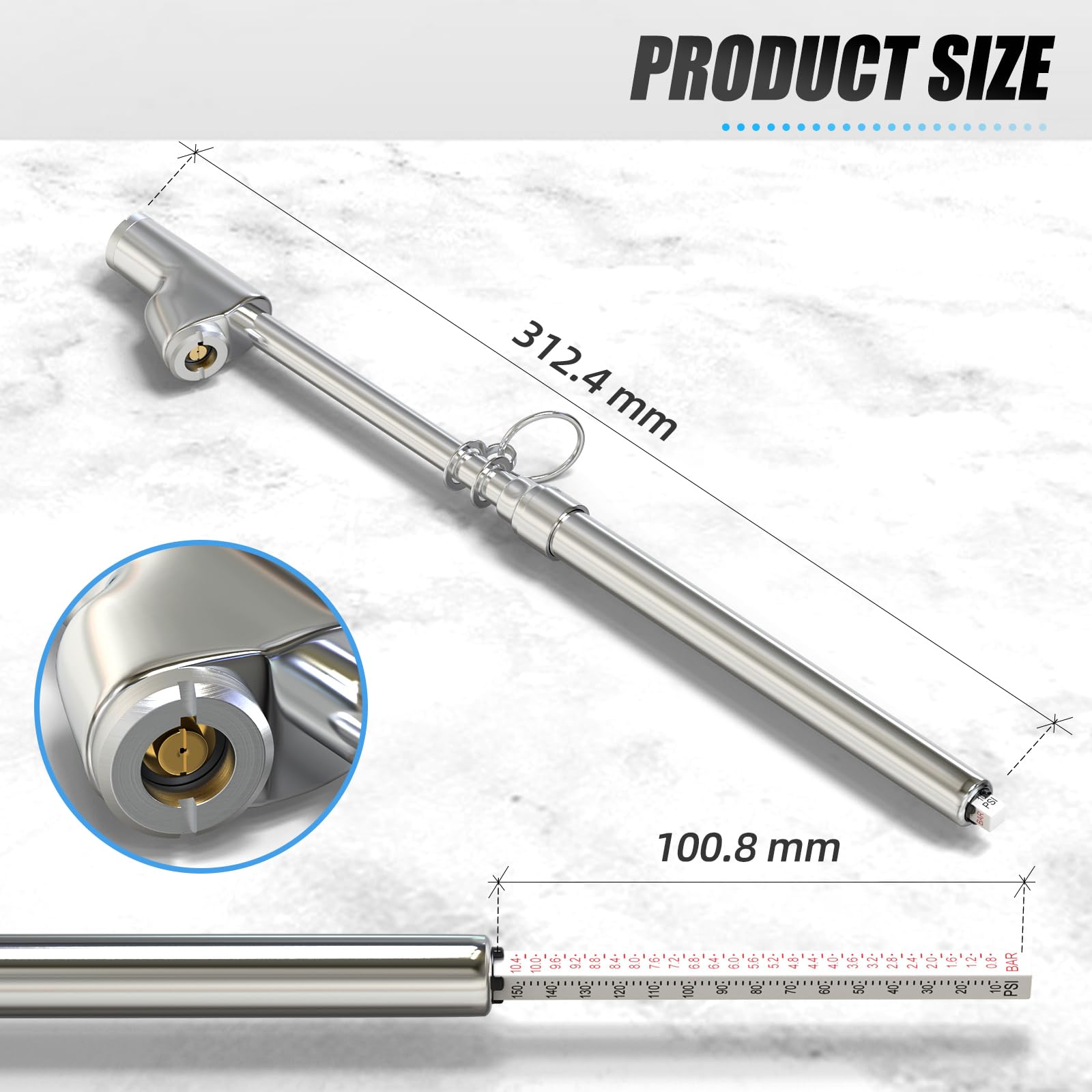 MEANLIN MEASURE 5Pcs Manómetro de presión de neumáticos tipo recto doble de plata，Manómetro de presión de aire de doble cabezal，Rango de presión 0.8~10.4 Bar(Adecuado para camiones, etc）.