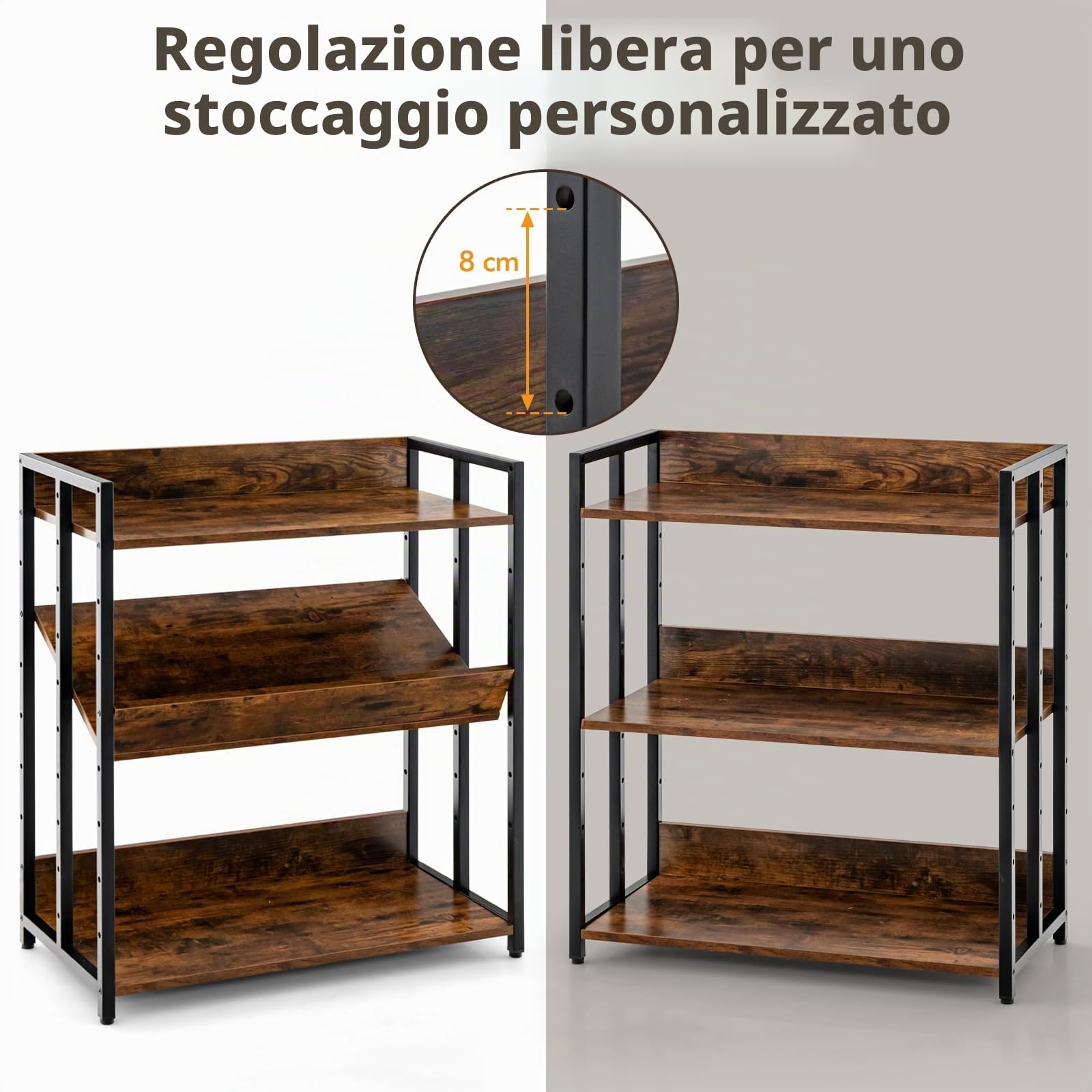 GIANTEX Libreria Scaffale Industriale 3 Ripiani Regolabili con Alette di Protezione, Scaffale Libreria Portaoggetti in Telaio in Metallo, Mensola Multifunzione, 2 Colori, 70 x 35 x 81 cm (Marrone)