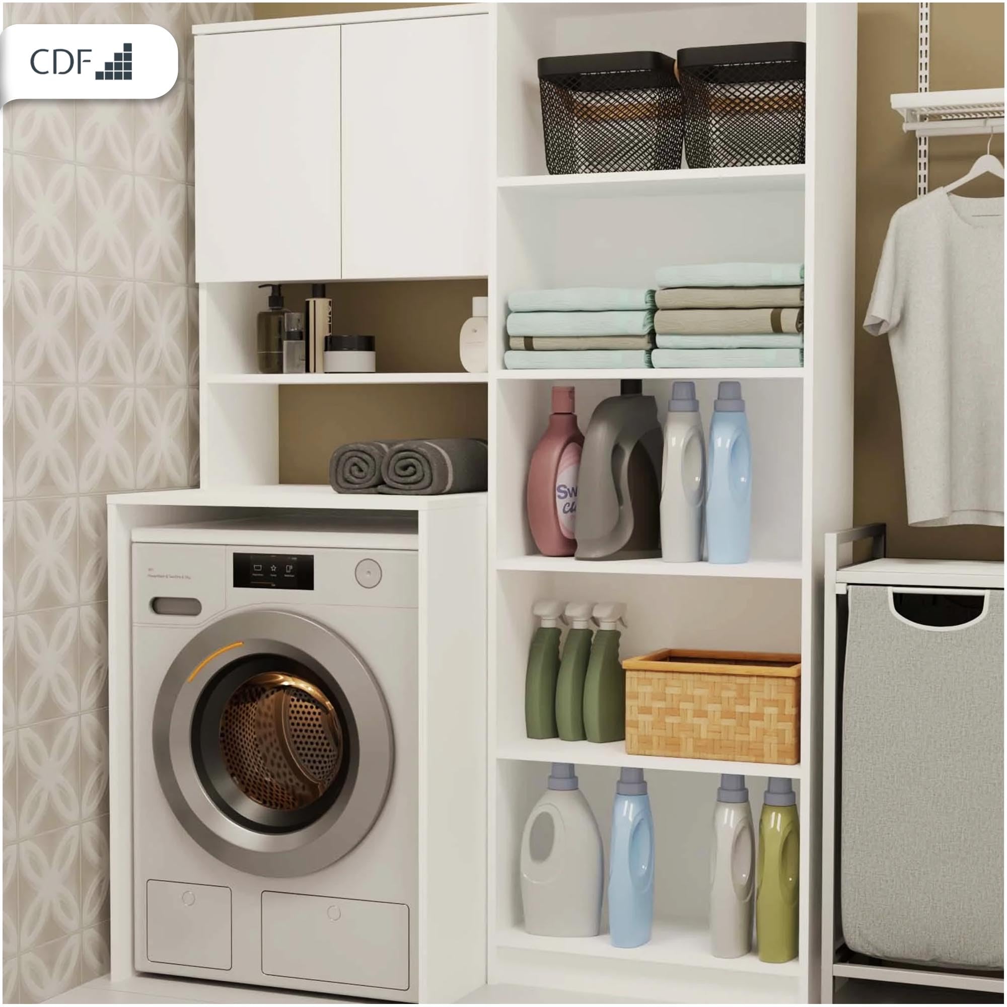 CDF Armario de baño poste para lavadora y detergentes - Estante de baño de lavandería - Muebles para accesorios de baño Medidas de limpieza funcional práctico - Ahorro de espacio - Campos Blancos