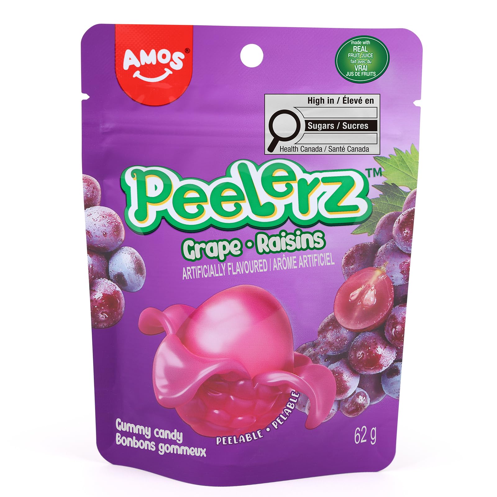Amos Peelerz Gummy Candy Grape, Amos 4D Gummies Peelable Candy Resealable 2.19oz Bag (Pack of 8)