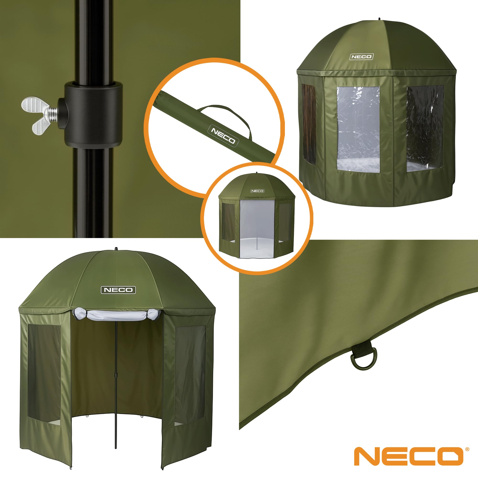 NECO Zielony Parasol Wędkarski z Osłoną i Moskitierą 250 cm – Wodoszczelny, Cały Zamykany Namiot Parasolowy, Duży Parasol do Wędkowania z Oknami, Namiot Karpiowy na Ryby, Kemping i dla Wędkarzy