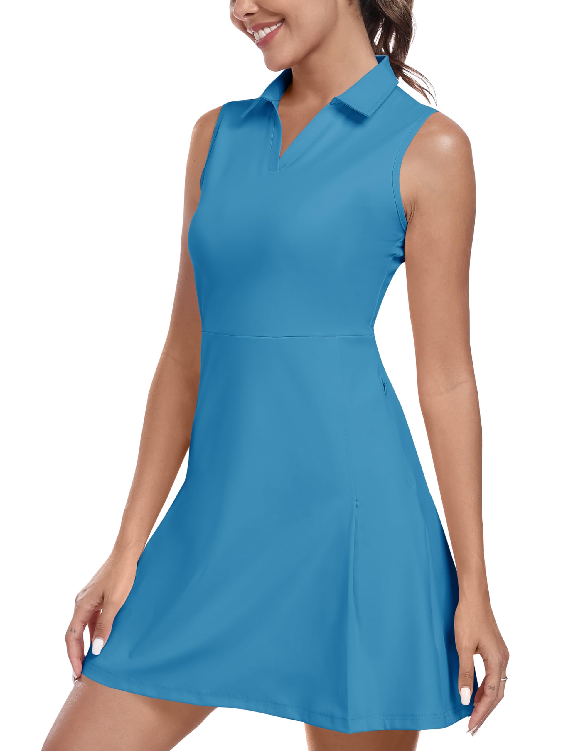 MoFiz Tenniskleid mit Hose Damen Ärmellos V-Ausschnitt Sommer Golf Sportkleider Freizeitkleider Polokleid mit Reißverschlusstaschen