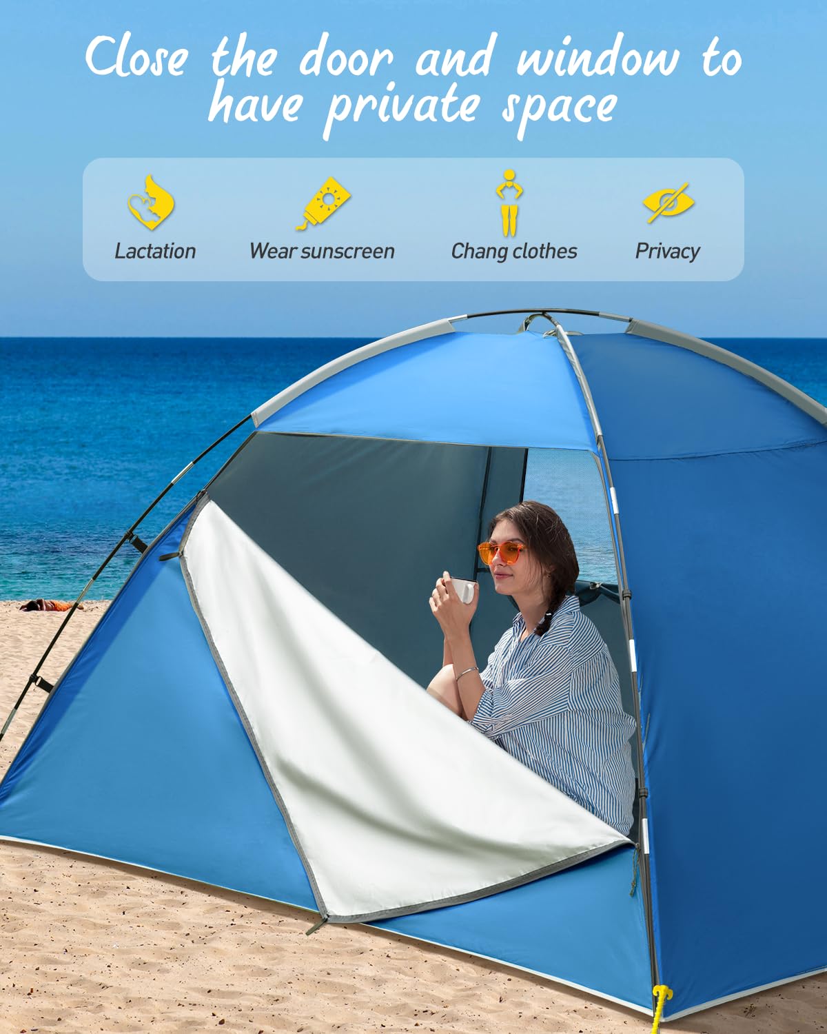 Tente de plage pour 2 à 4 personnes, abri solaire UPF50+ protection UV, pare-soleil sorcière énorme fenêtre en maille respirante, facile à installer, pour la plage, le camping, la pêche