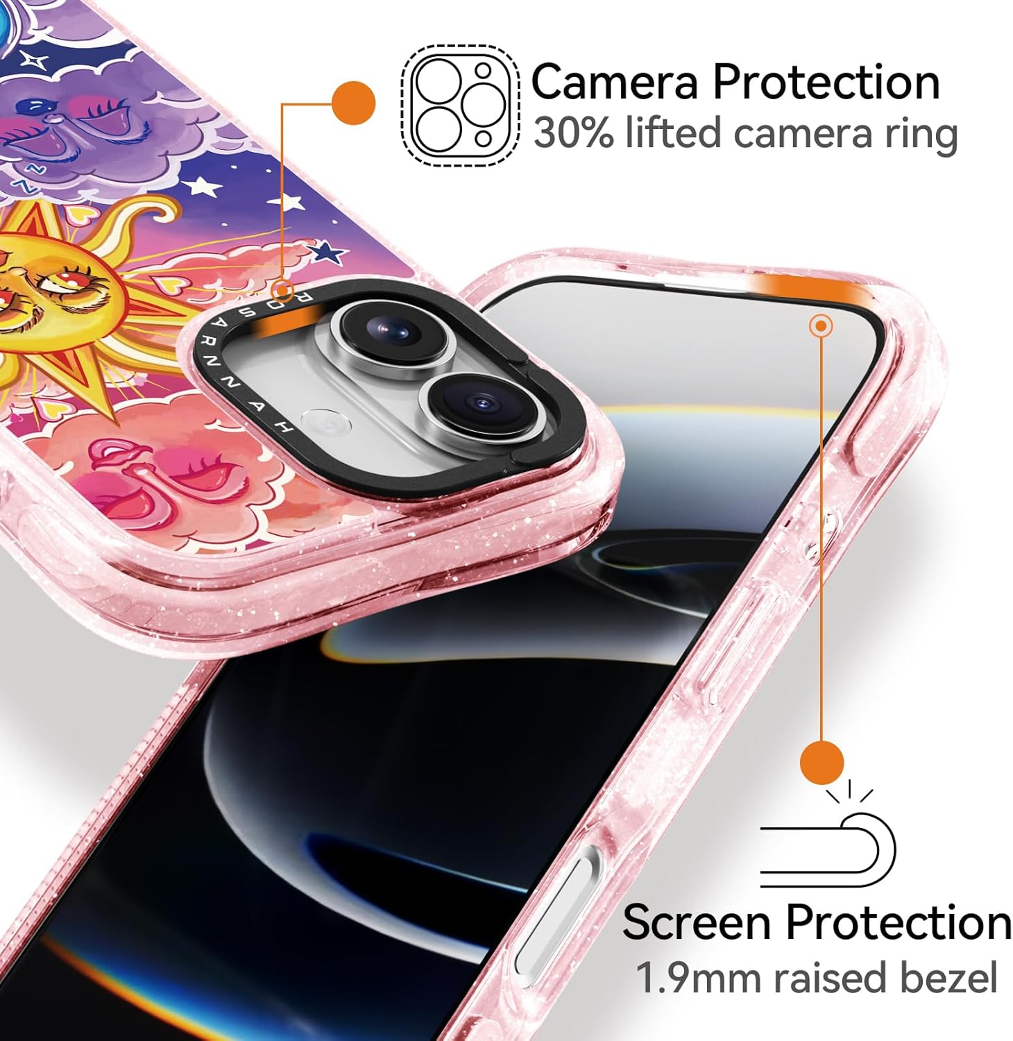 Rosarnnah for iPhone 17 Case Cute - Military-Grade 20 ft Drop Protection Shockproof Phone Case - Funny Day and Night Design (6.3") Glitter Pink