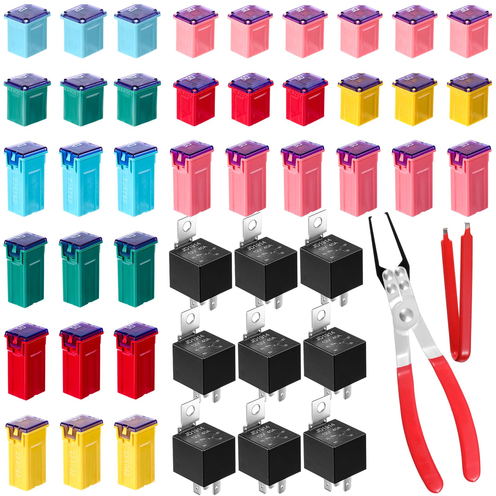 DaisyInner Kit surtido de fusibles de coche de 36 piezas, relé de alicates y extractores con pequeña herramienta de extracción de fuze y 10 piezas de 30/40 amperios de 5 pines de 12 V (multicolor