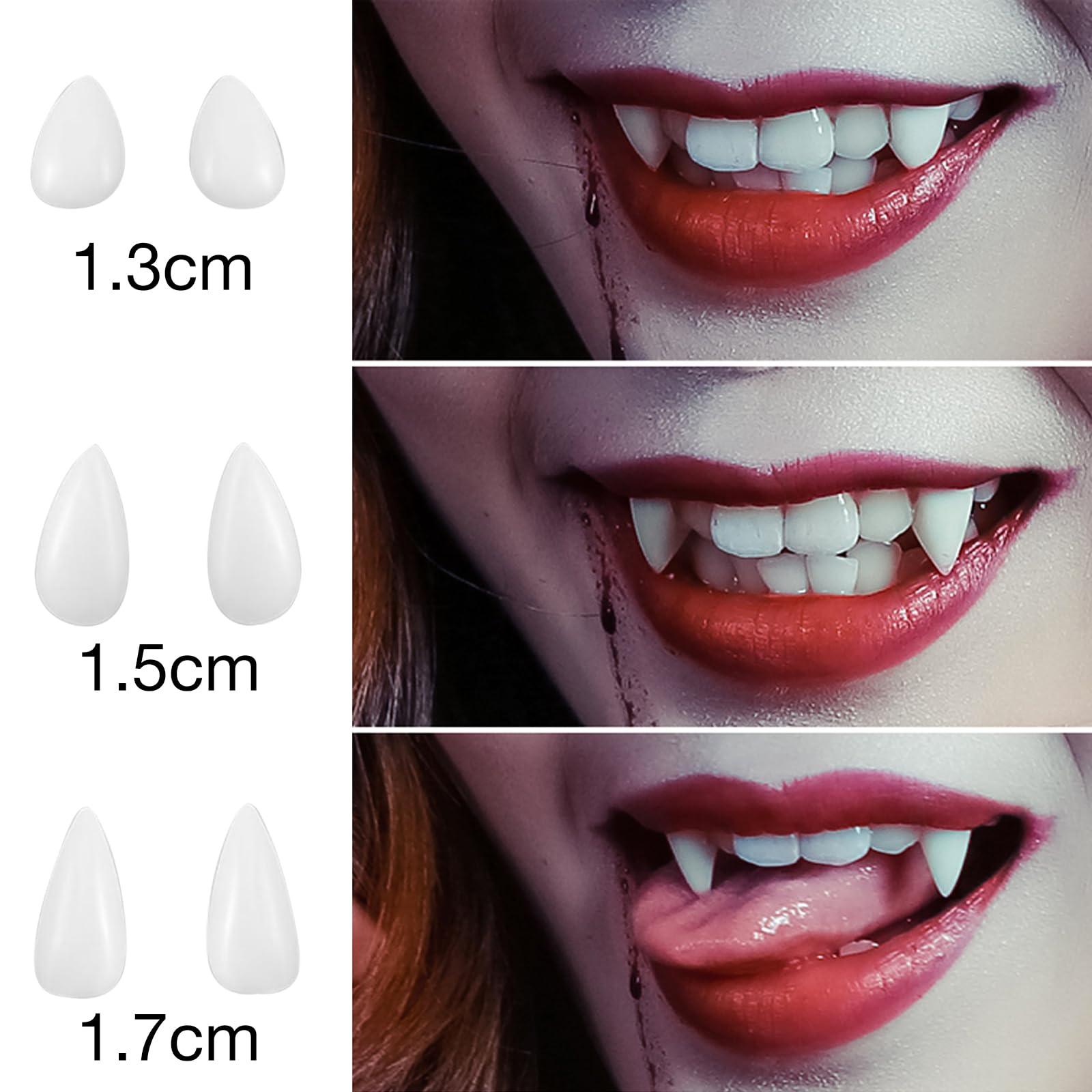 3 Pares De Dientes De Vampiro Para Halloween – Set Con Pegamento Y 3 Tamaños (13, 15 Y 17 Mm), Cosplay Y Fiestas De Disfraces
