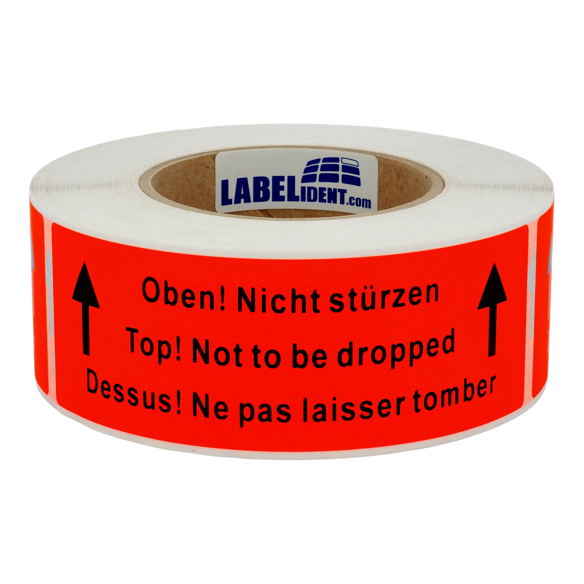 Labelident Warnetiketten 150 x 50 mm - Paket Aufkleber Oben! Nicht stürzen! Top! Not to be dropped! Dessus! - 1.500 Versandaufkleber auf 3 Rolle/n, Versandetiketten selbstklebend