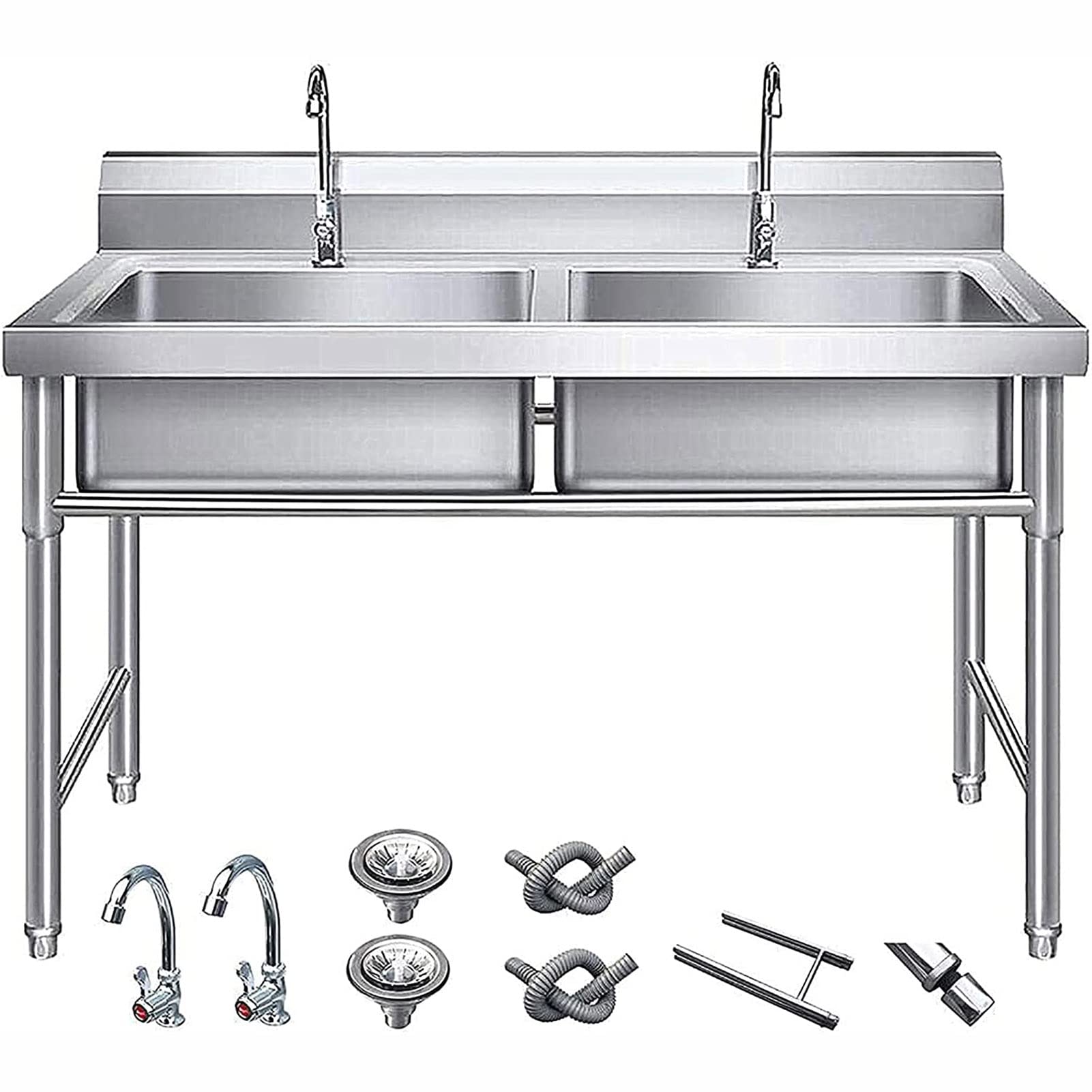 Évier commercial double cuve en inox 304 anti-éclaboussures avec dosseret