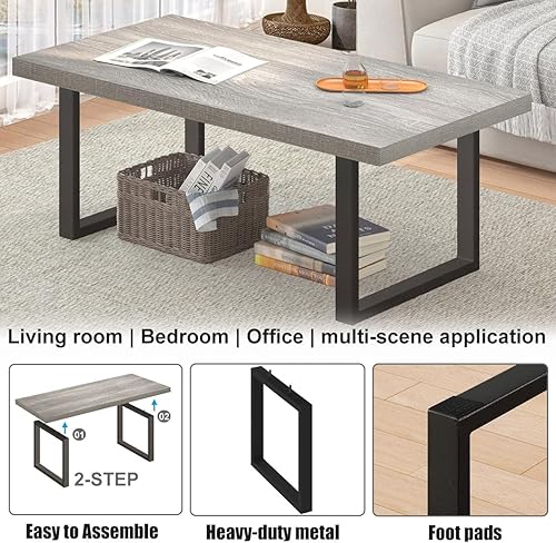 Miniatura 5 de IBF Mesa auxiliar industrial, de madera y metal, mesa central rústica simple y moderna, mesa de cóctel rectangular minimalista de madera para sala